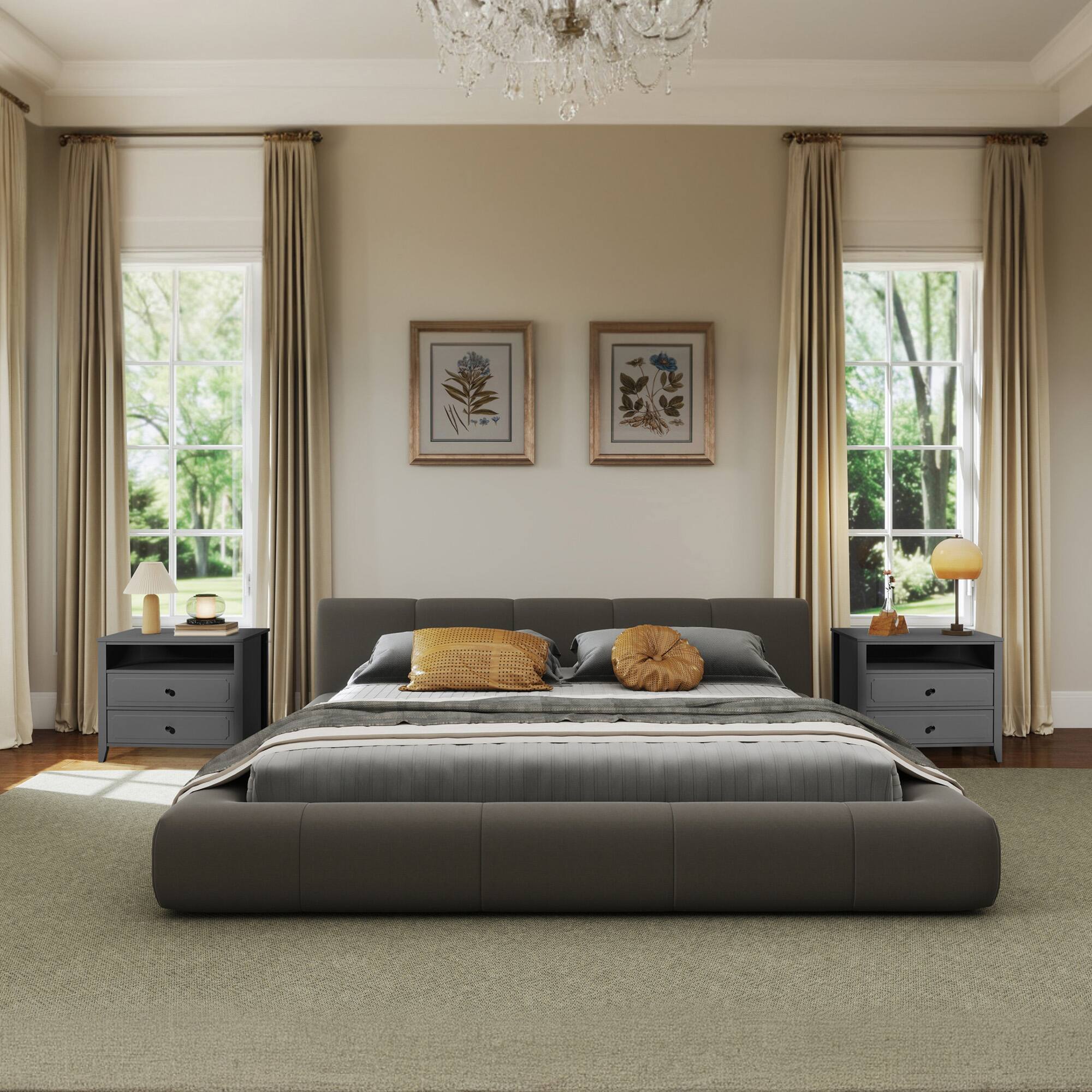 Alt View 6. U-HOMY - Modern 2-Drawer Nightstand with Open Shelf, Wide Bedside Table with Solid Wood Legs for Bedroom Storage - Dark Grey.