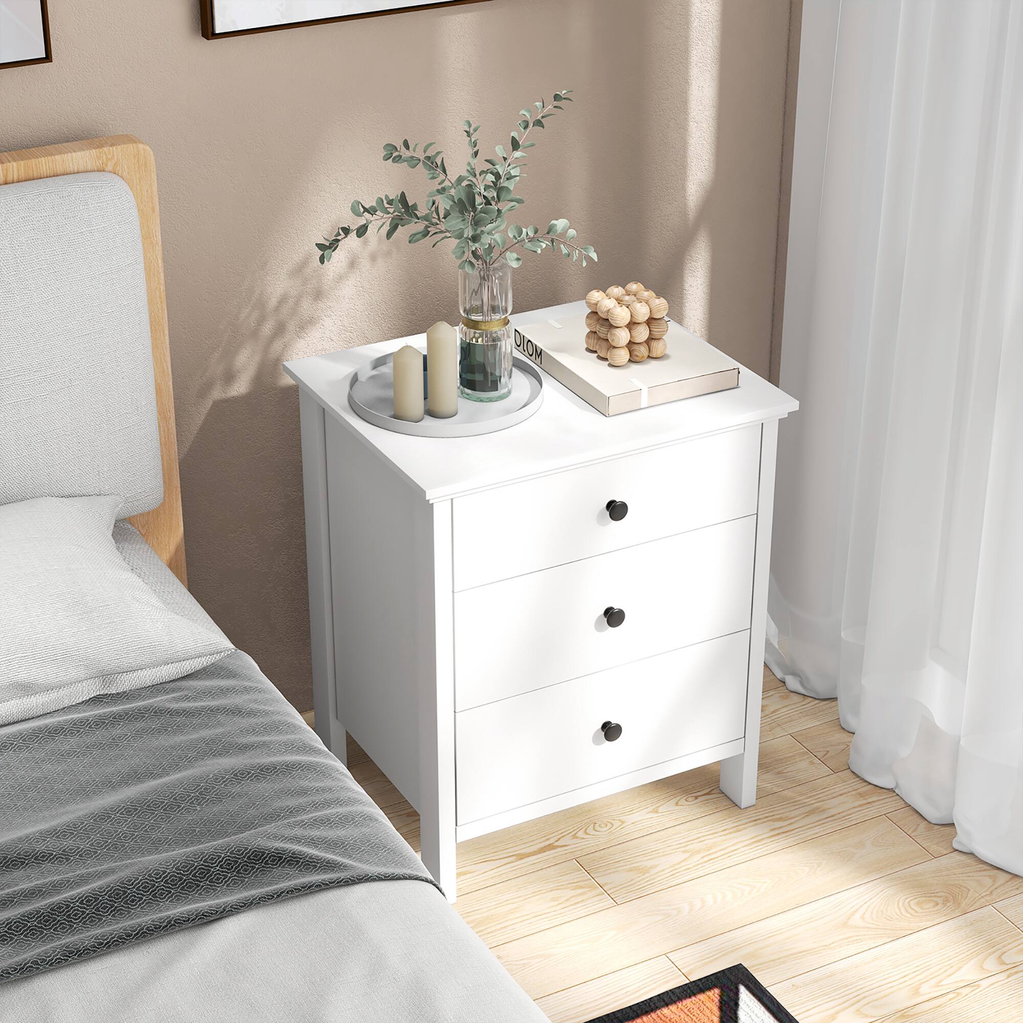 Alt View 3. Gymax - Gymax 3-Drawer Nightstand Wooden Bedside Table Modern Side End Table Space-Saving White - White.