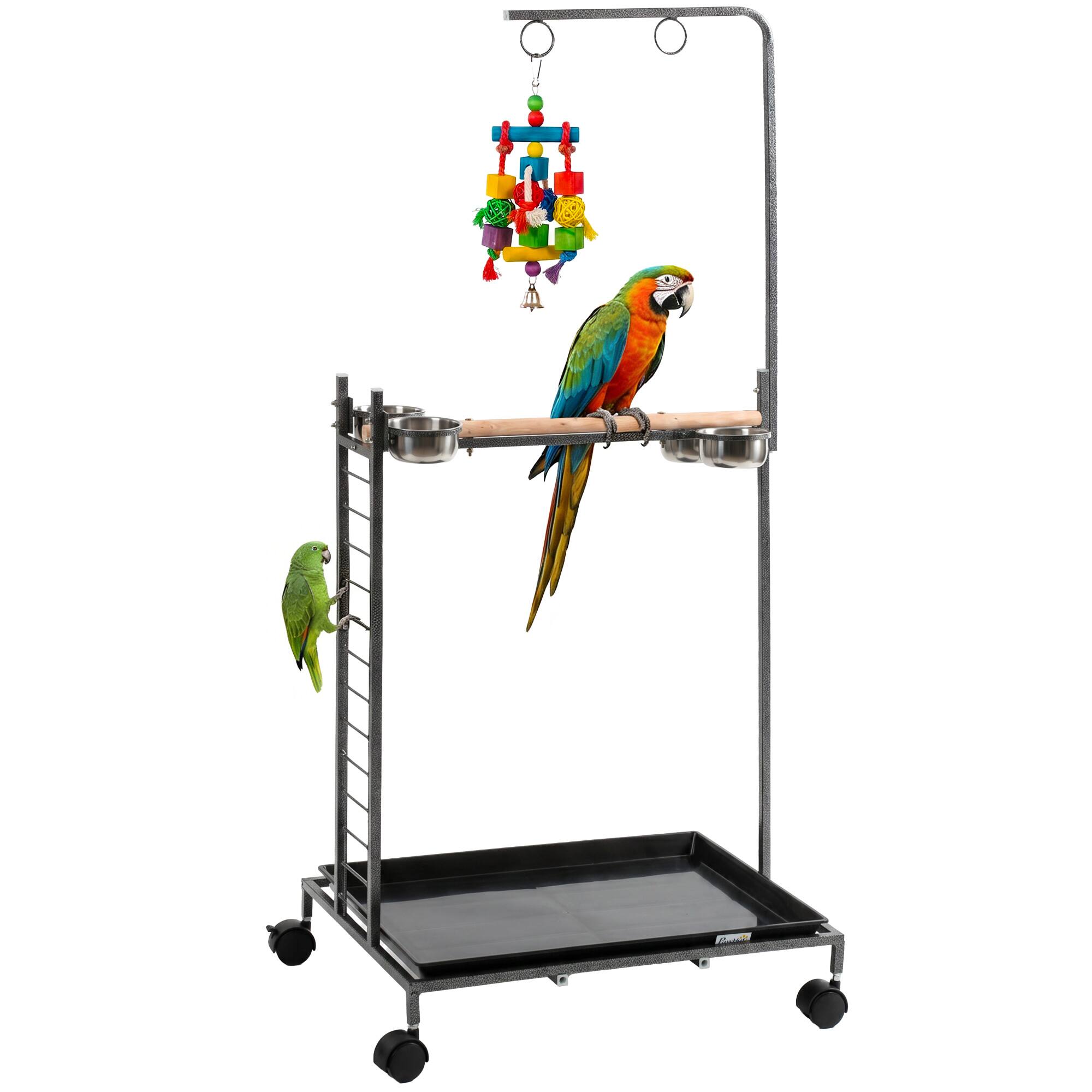Front. Pawhut - Stand with Wheels Parrot Stand with Slide-out Tray Stainless Steel Bowls for Indoor Outdoor Dark - Dark Gray.