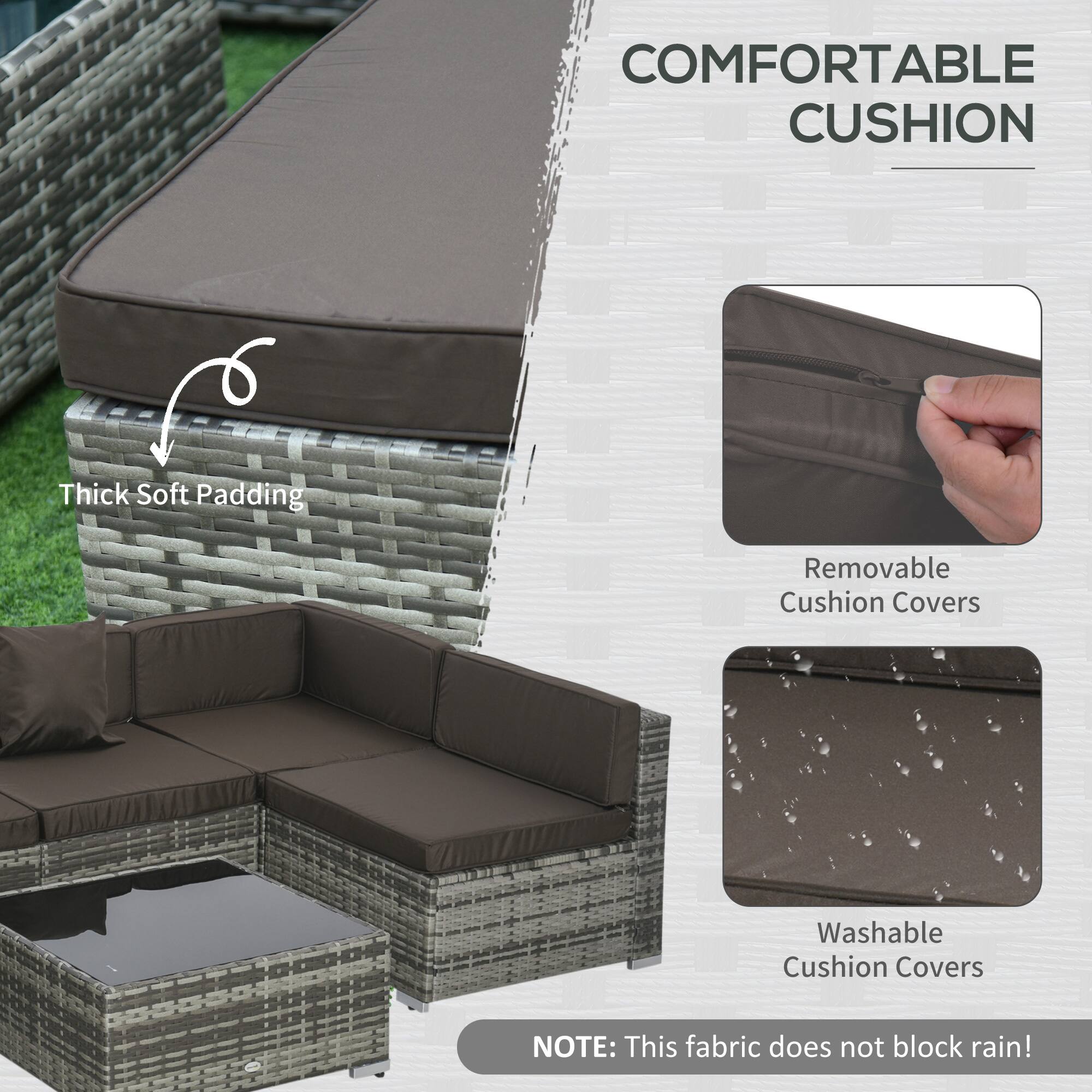 COMFORTABLE CUSHION
Thick Soft Padding
Removable Cushion Covers
Washable Cushion Covers
NOTE: This fabric does not block rain!