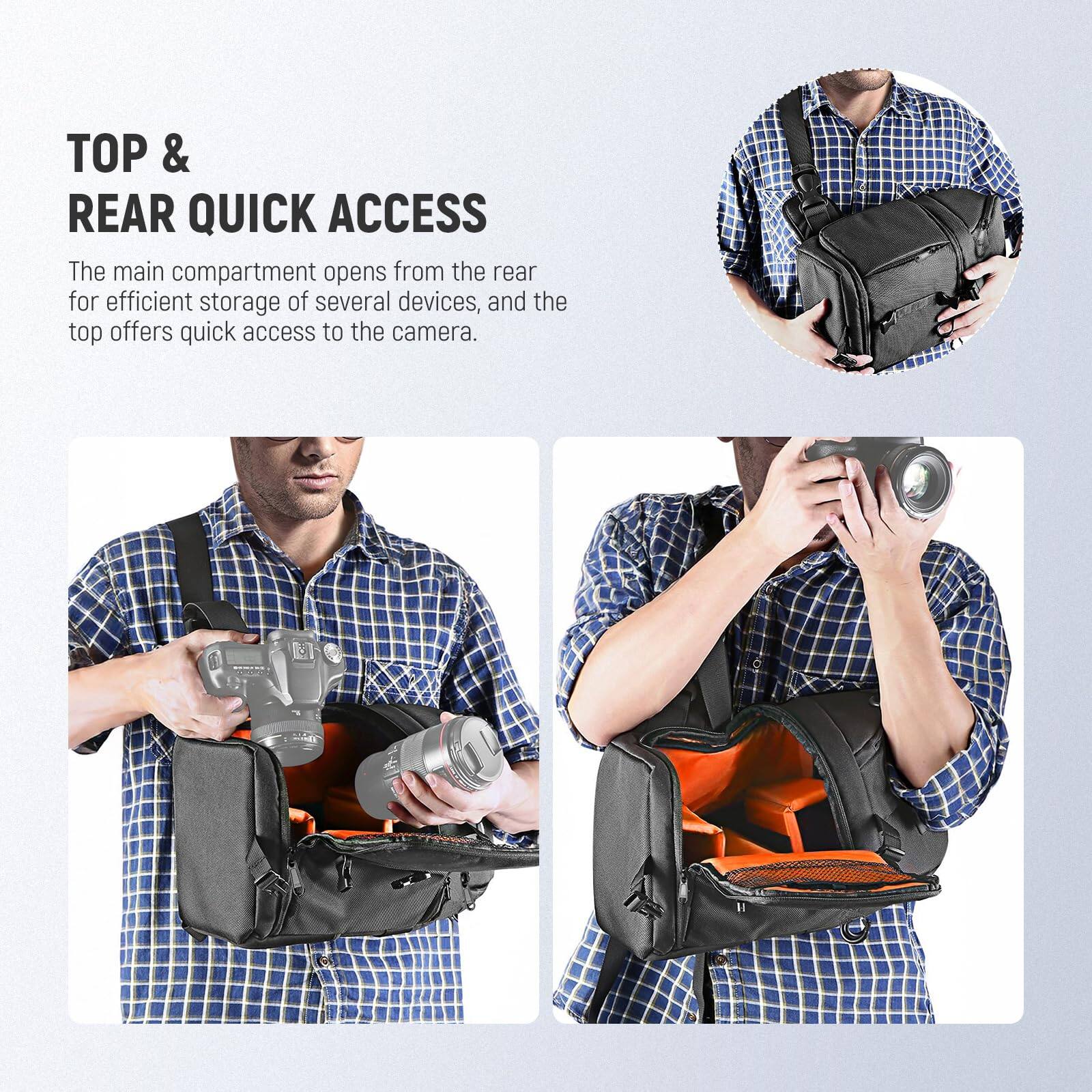 TOP & REAR QUICK ACCESS

The main compartment opens from the rear for efficient storage of several devices, and the top offers quick access to the camera.