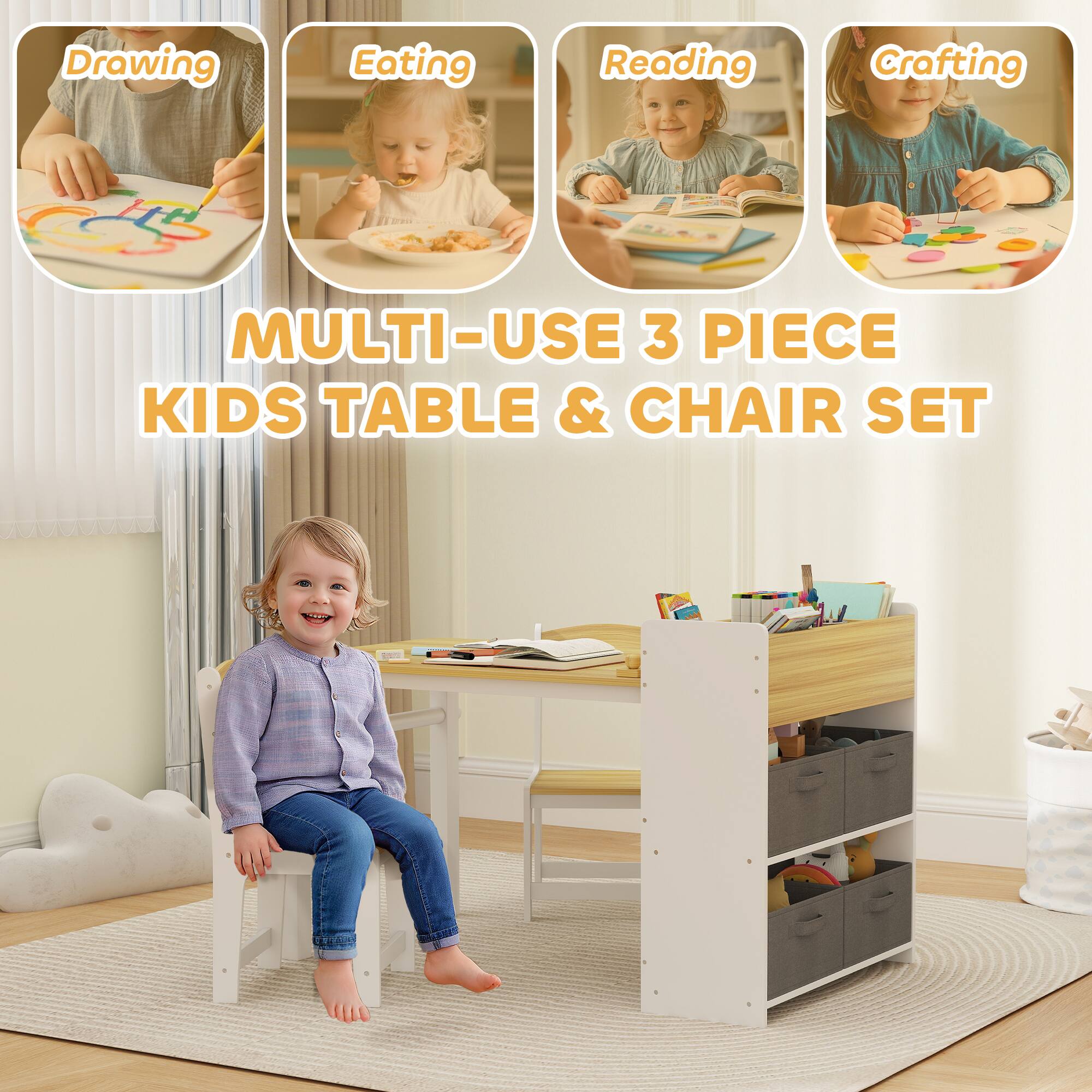 Drawing  
Eating  
Reading  
Crafting  

MULTI-USE 3 PIECE KIDS TABLE & CHAIR SET