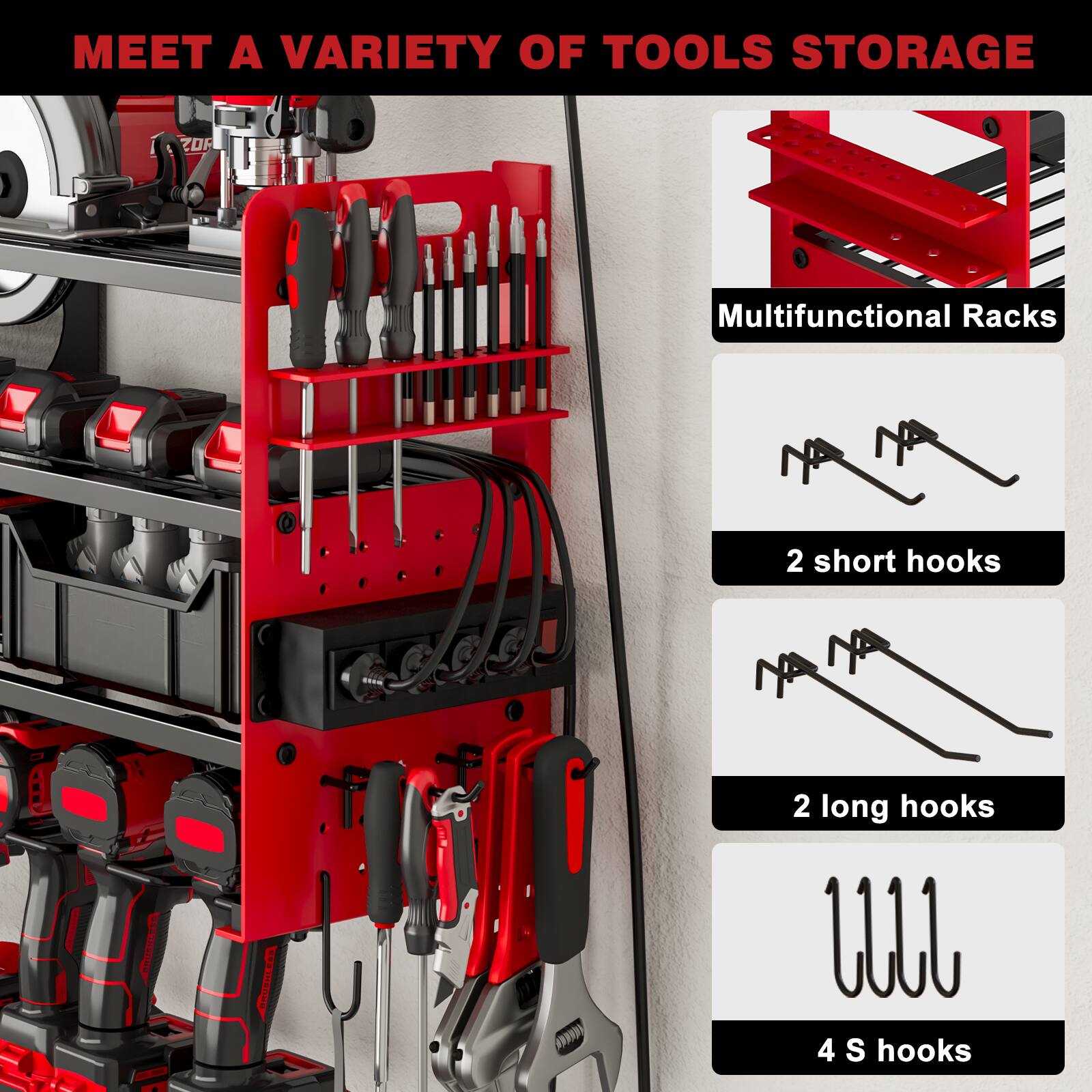 MEET A VARIETY OF TOOLS STORAGE

ZOP Multifunctional Racks

- 2 short hooks
- 2 long hooks
- 4 S hooks