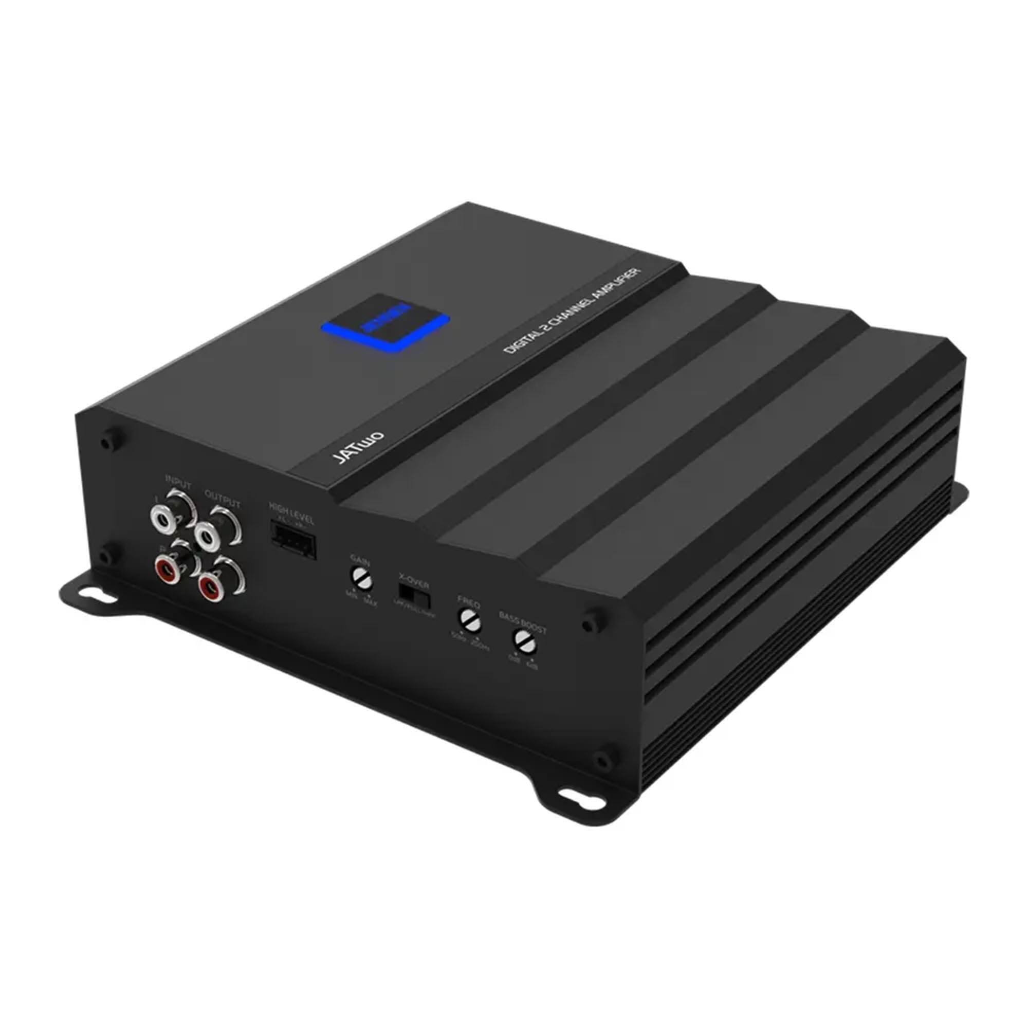 The text on the image is:

"JATUO
HIGH OUTPUT JATUO HIGH LEVEL OFER MA DISITALE CHANNEL AMPLIFIER
2 CHANNEL AMPLIFIER
X-OVER FROM 8A55-5009T SANS"