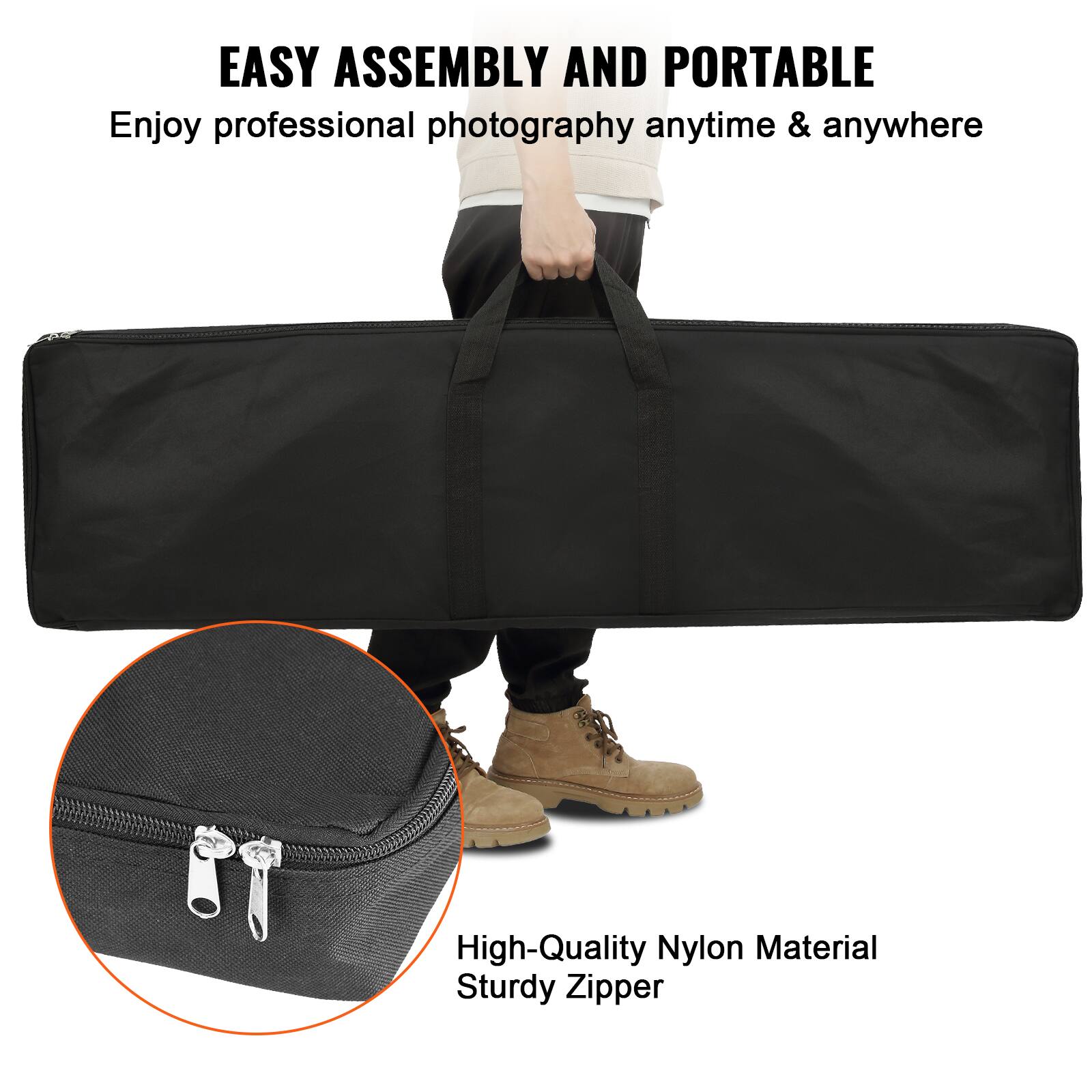 EASY ASSEMBLY AND PORTABLE  
Enjoy professional photography anytime & anywhere  

High-Quality Nylon Material  
Sturdy Zipper