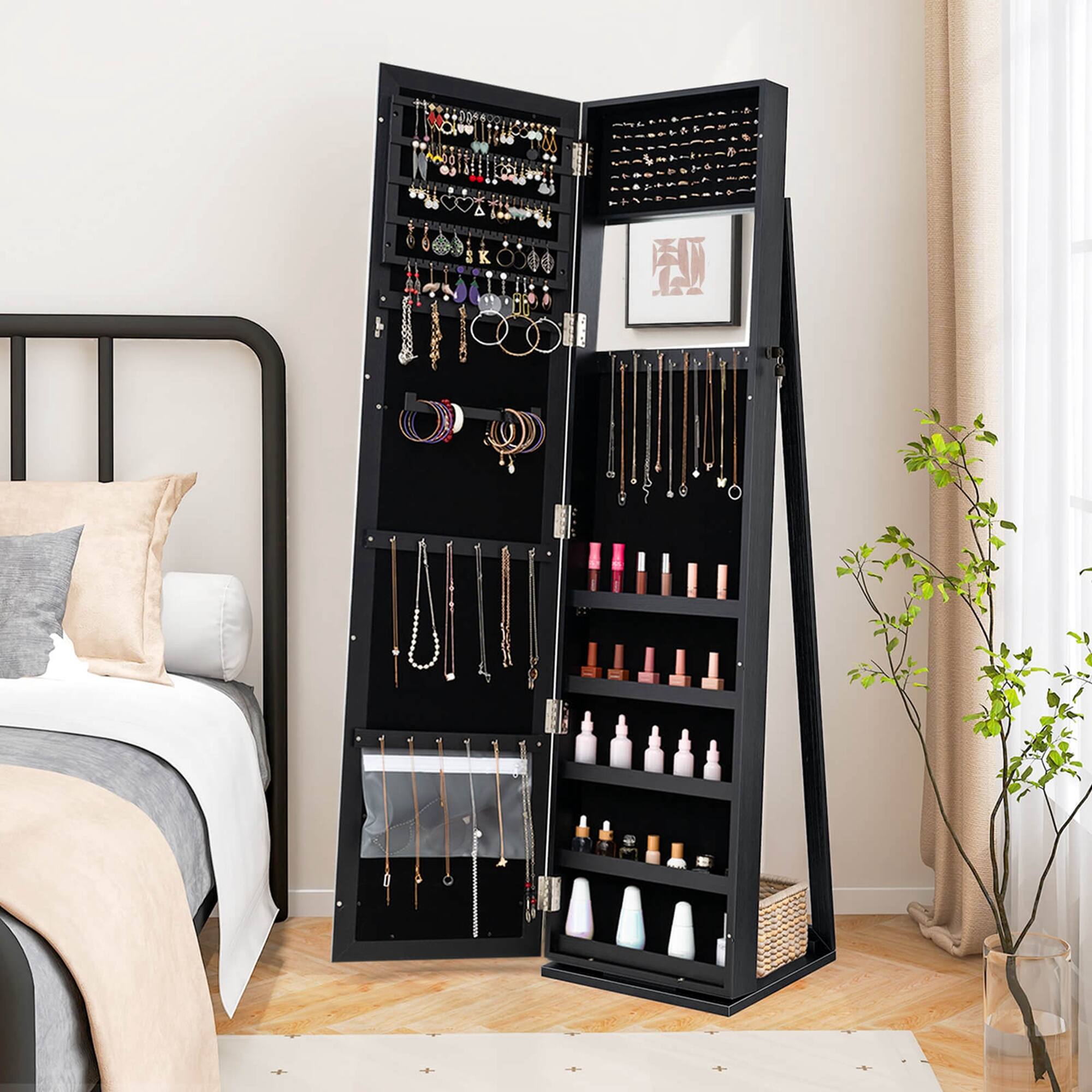 Alt View 13. Costway - Mirrored Jewelry Cabinet Armoire Lockable Standing Storage Organizer with Shelf Black - Black.