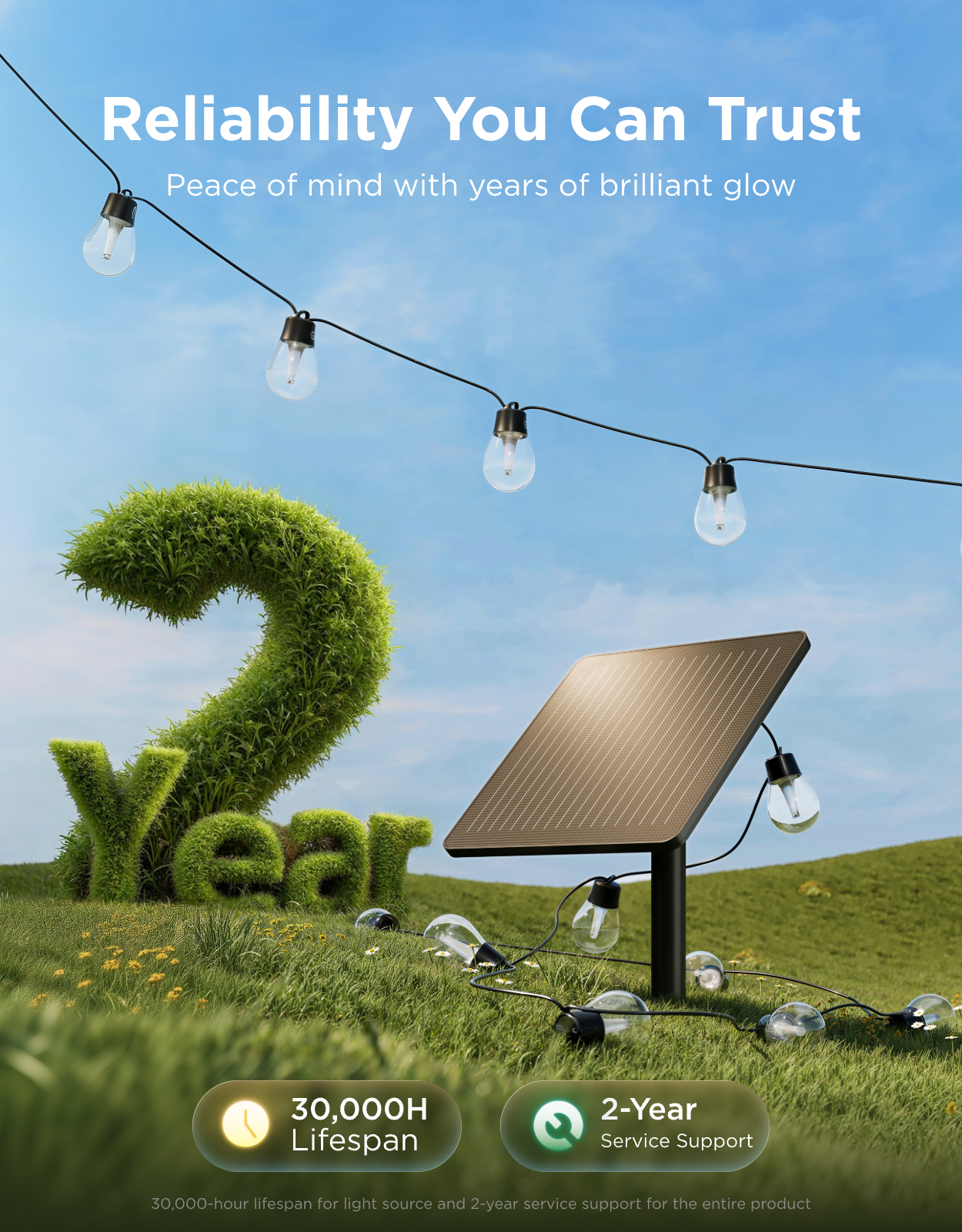 Reliability You Can Trust  
Peace of mind with years of brilliant glow  

30,000H Lifespan  
30,000-hour lifespan for light source  

2-Year Service Support  
2-year service support for the entire product