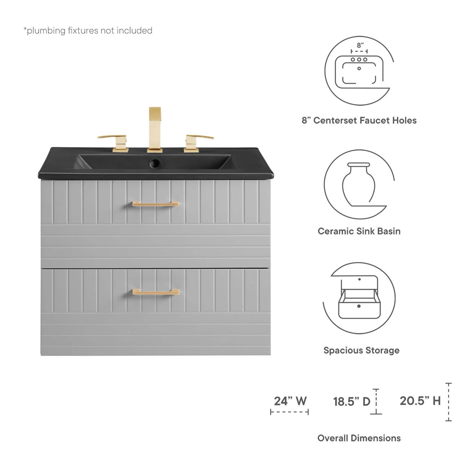 *plumbing fixtures not included

8" Centerset Faucet Holes

Ceramic Sink Basin

Spacious Storage

24" W x 18.5" D x 20.5" H Overall Dimensions