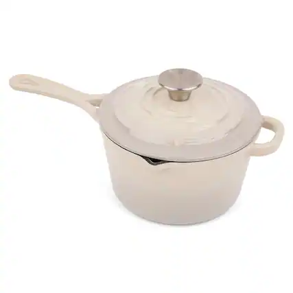 Front. Larder & Vine - 2.2 qt Enameled Cast Iron Saucepan with Lid - Stone.