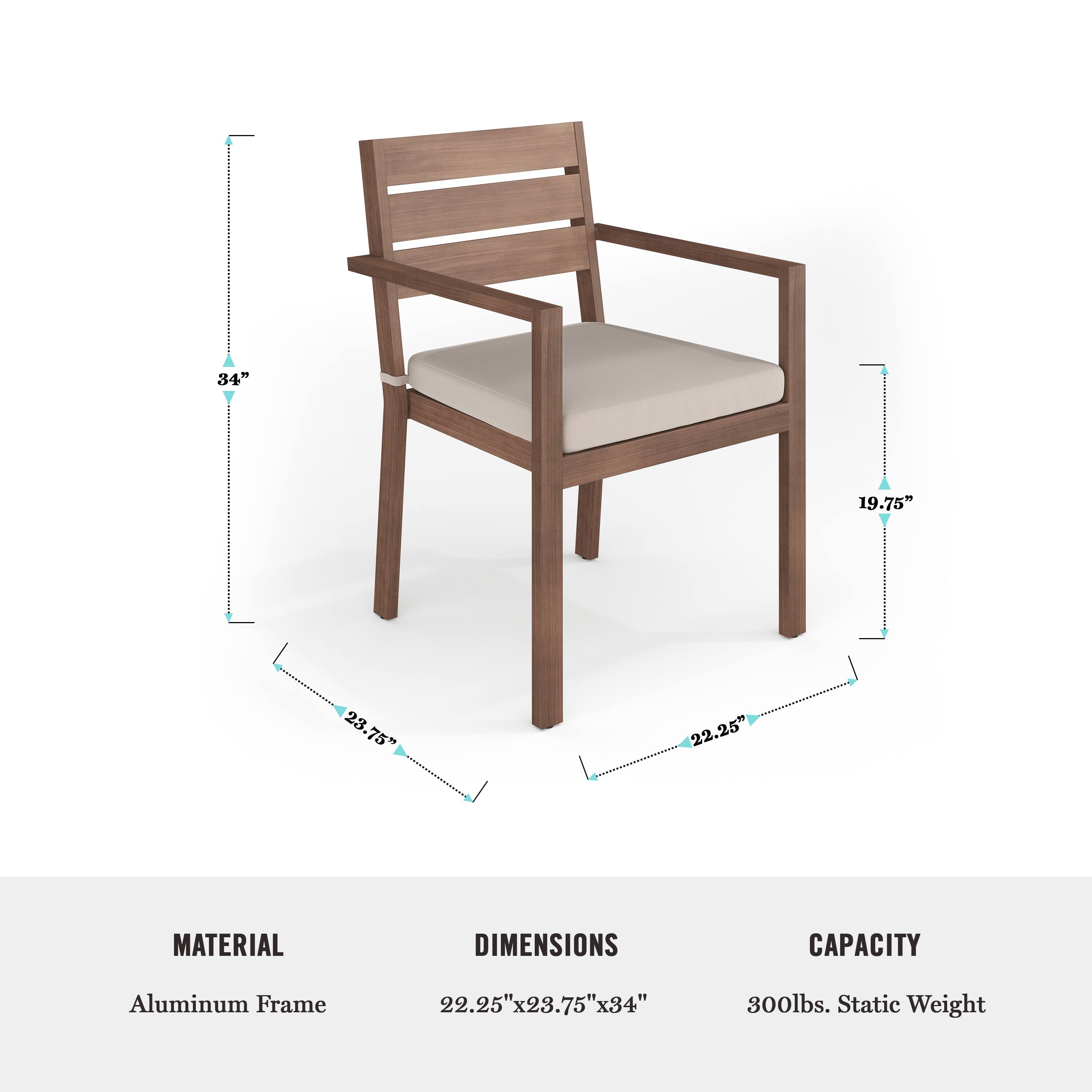 The text on the image reads:

Material: Aluminum Frame
Dimensions: 22.25' 2.25" x 23.75" x 34"
Capacity: 800lbs. Static Weight