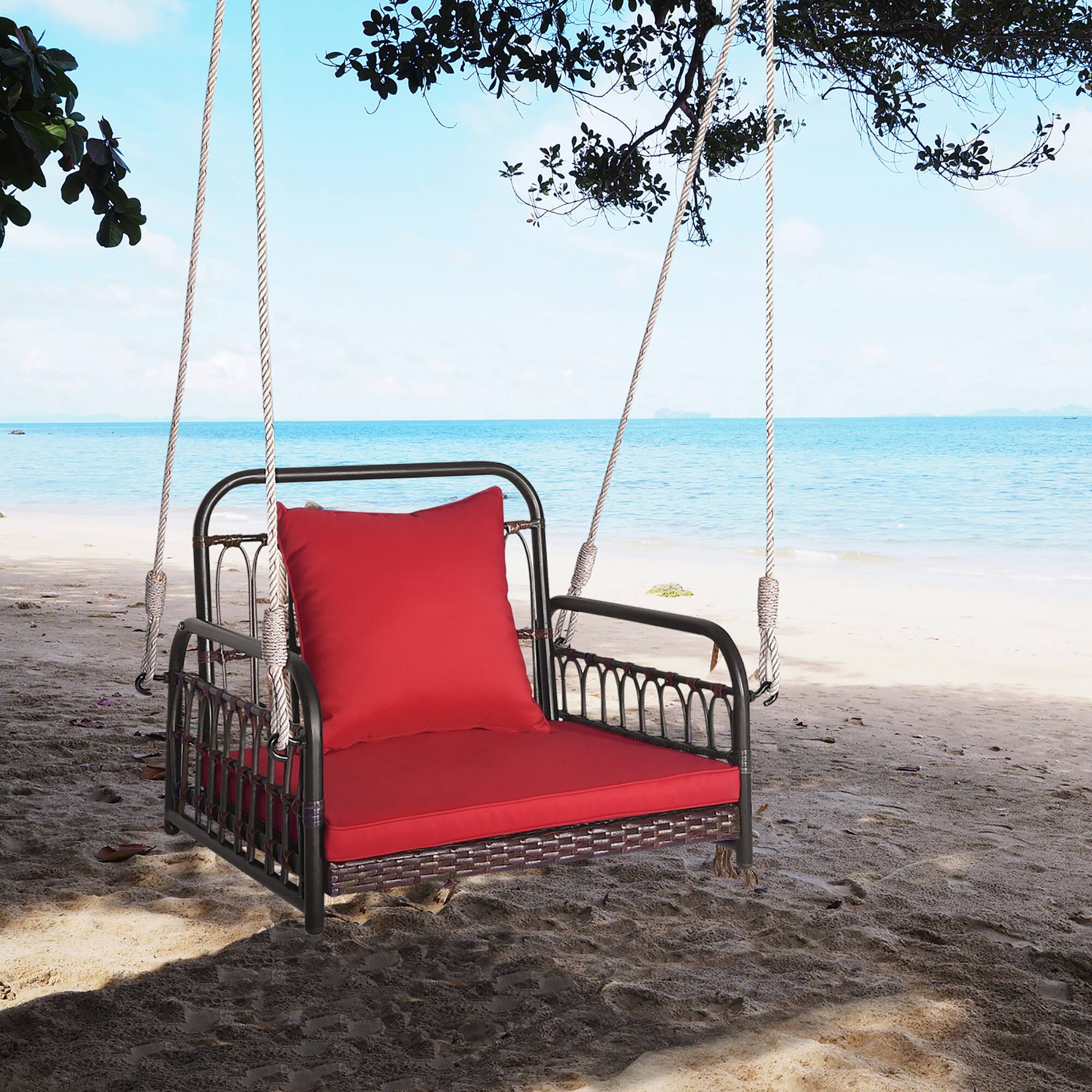 Alt View 5. Gymax - Gymax Single Person Hanging Swing Outdoor Hanging Seat w/ Back Cushion & Seat Cushion - Red.