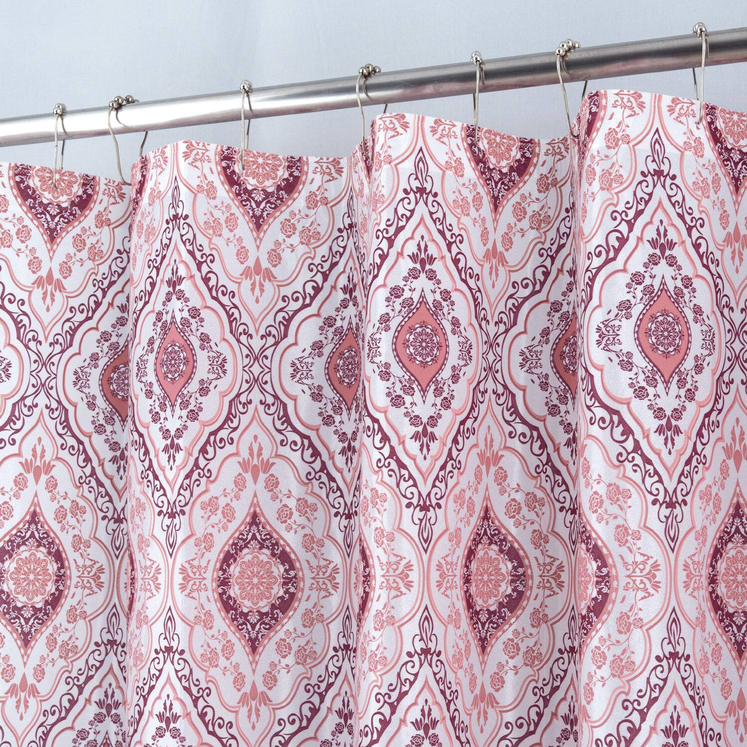 Left. RT Designers Collection - RT Designers Collection 90 GSM Printed Peva Glit Jaxx Shower Curtain  70" x 72" Burgundy - Burgundy.