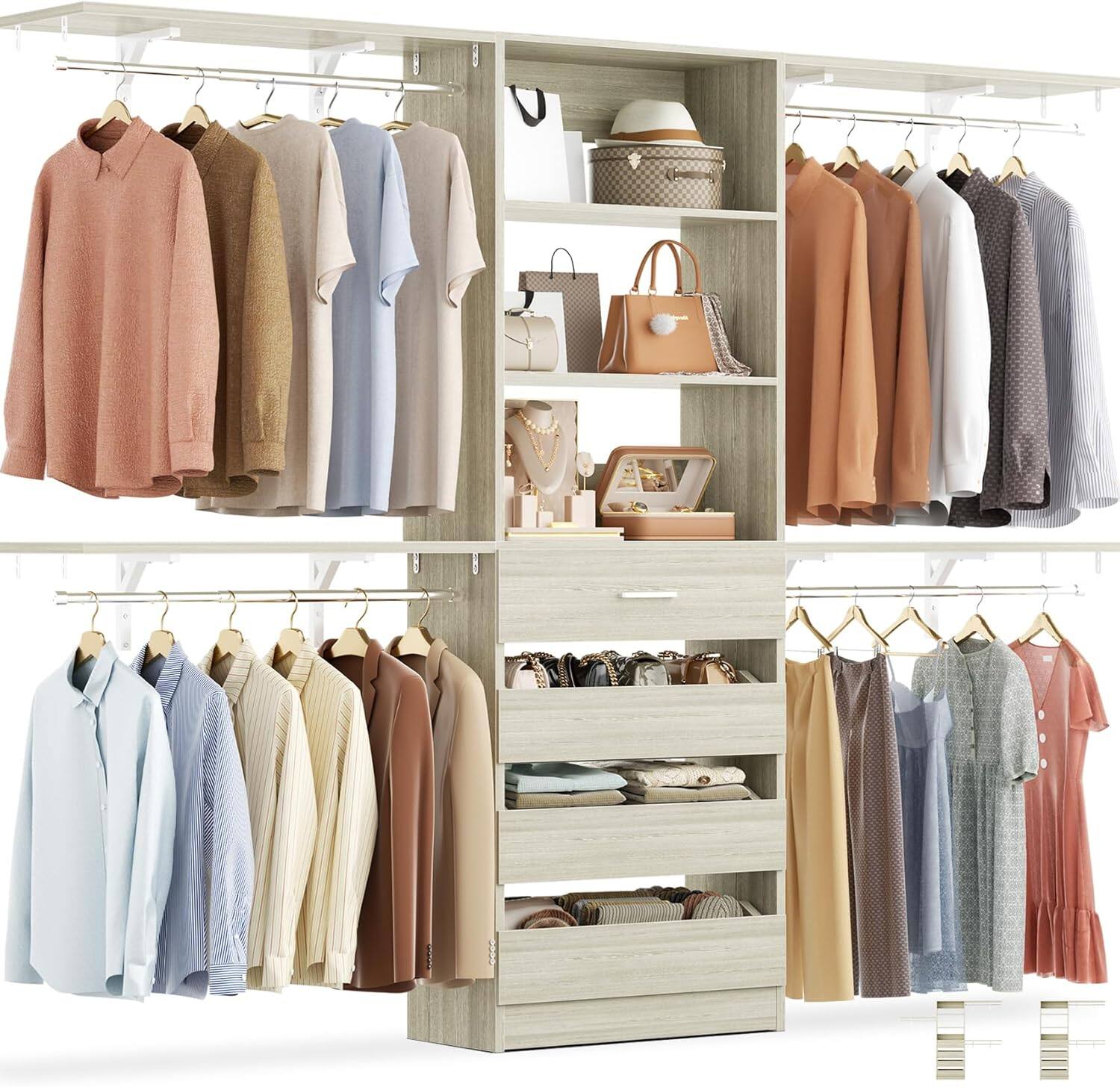 Front. Aheaplus - Heavy-Duty 8FT Closet Organizer with 4 Drawers - Customizable Storage for Spaces 4-9 ft - White Oak.