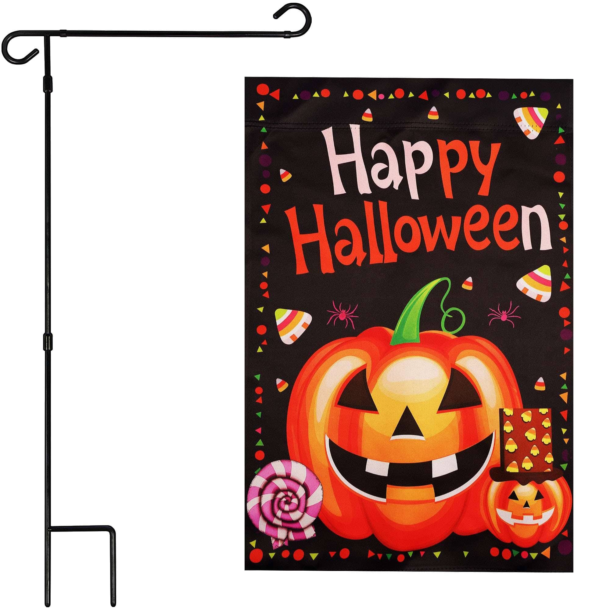 G128 - 36x16IN Garden Flag Stand & 12x18 Happy Halloween Pumpkin Flag Kit - Black