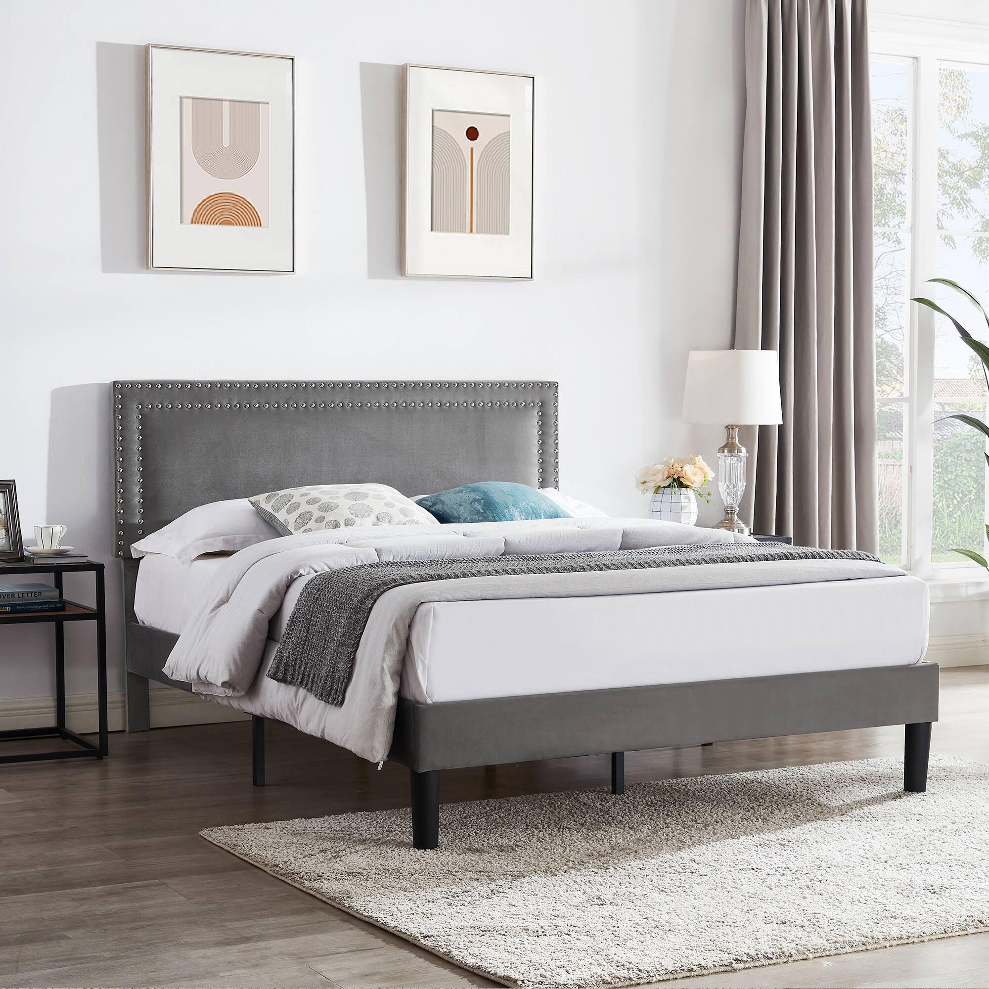 Alt View 2. Vecelo - Full Size Platform Bed Frame with Adjustable Upholstered Headboard, Strong Wood Slat Support,No Box Spring Needed - Dark Gray.