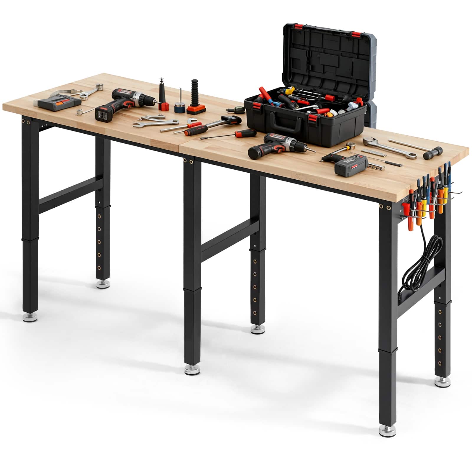 VEVOR - Adjustable Workbench, 5000 lbs Capacity, 72 x 24 Inch Oak Wood Top Workstation with 4 AC Outlets & 2 USB Ports - Wood + Black