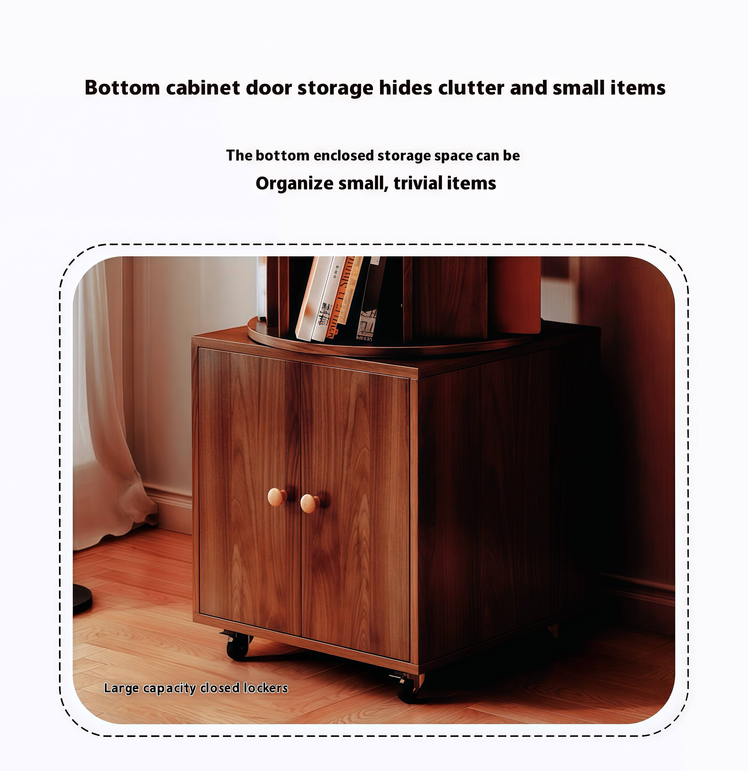 Bottom cabinet door storage hides clutter and small items

The bottom enclosed storage space can be organized for small, trivial items

Large capacity closed lockers