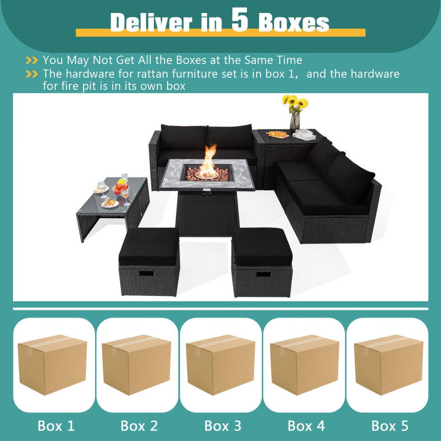 Deliver in 5 Boxes

- You May Not Get All the Boxes at the Same Time
- The hardware for rattan furniture set is in box 1, and the hardware for fire pit is in its own box

Box 1 Box 2 Box 3 Box 4 Box 5