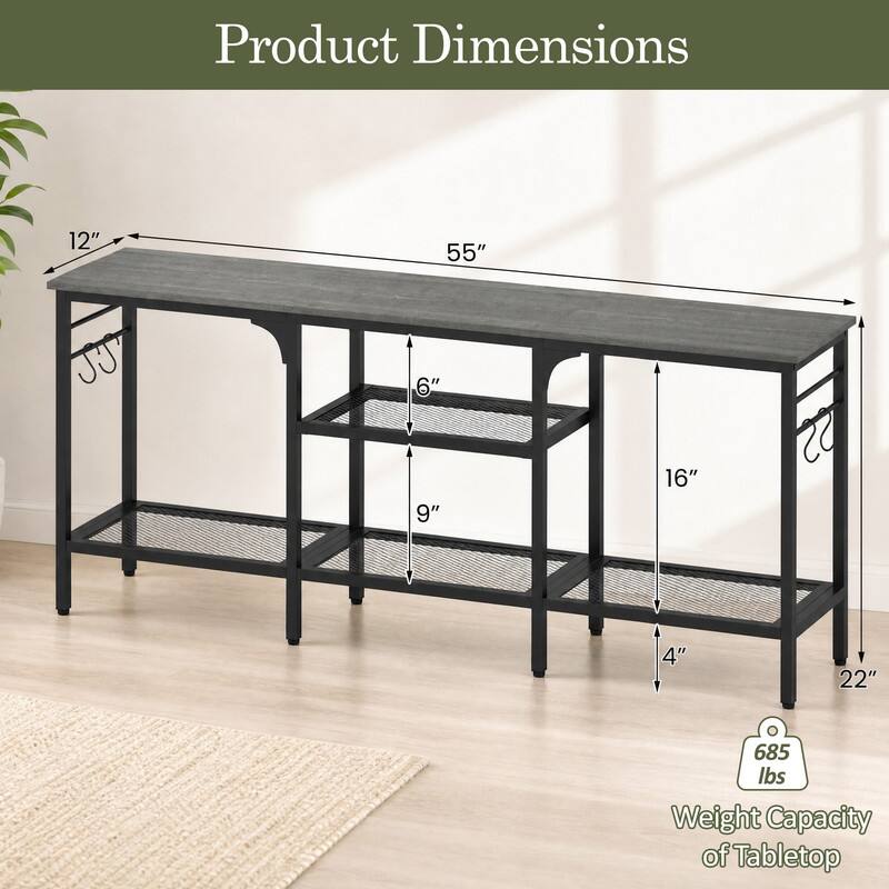 Product Dimensions

- Length: 55"
- Width: 12"
- Height: 22"
- Shelf Height: 6" (top shelf), 9" (middle shelf), 16" (bottom shelf)
- Weight Capacity of Tabletop: 685 lbs