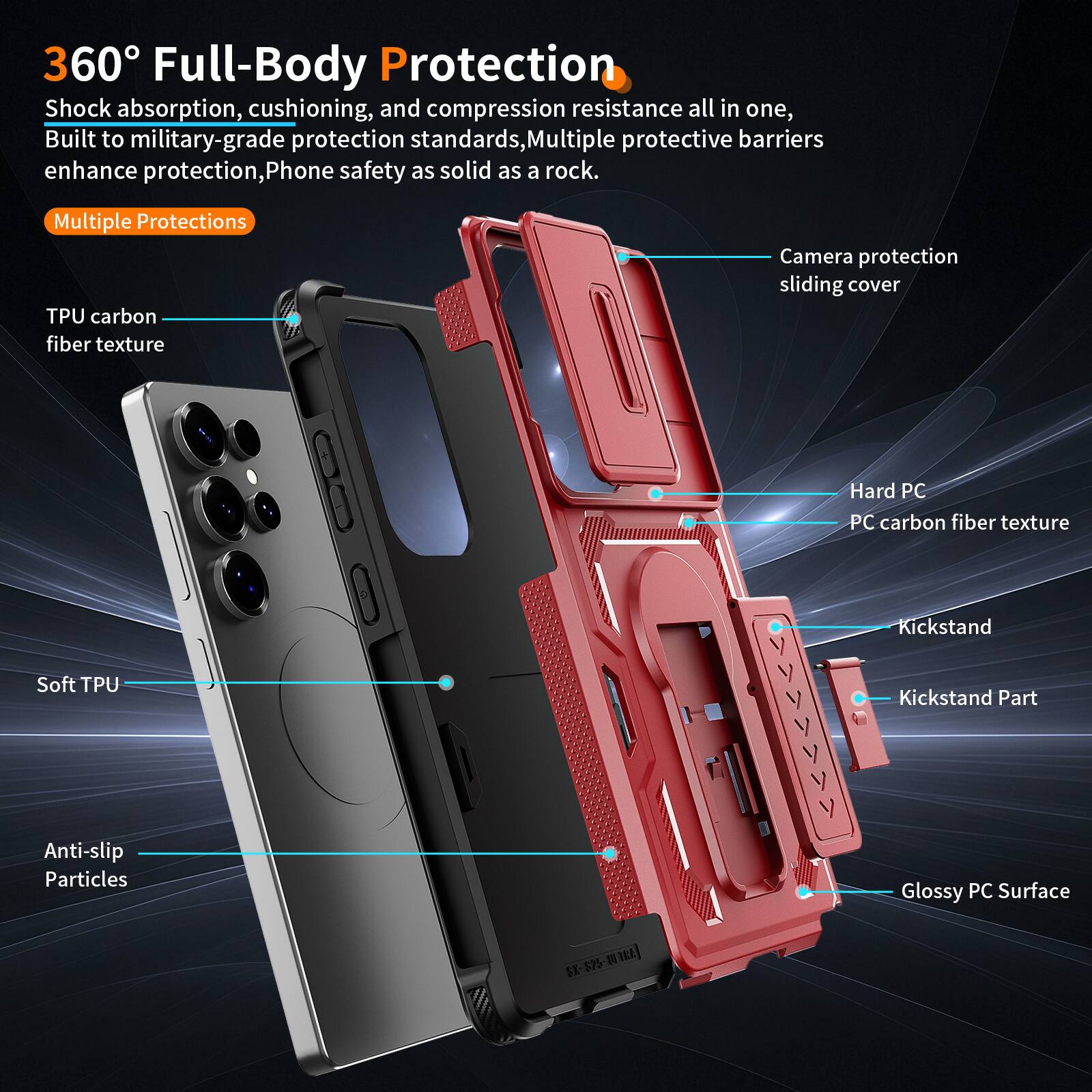 360° Full-Body Protection  
Shock absorption, cushioning, and compression resistance all in one, Built to military-grade protection standards, Multiple protective barriers enhance protection, Phone safety as solid as a rock.  

Multiple Protections  
- TPU carbon fiber texture  
- Camera protection sliding cover  
- Soft TPU  
- Anti-slip Particles  
- Hard PC  
- PC carbon fiber texture  
- Kickstand  
- Kickstand Part  
- Glossy PC Surface  

1L SE-575-10 ST 55