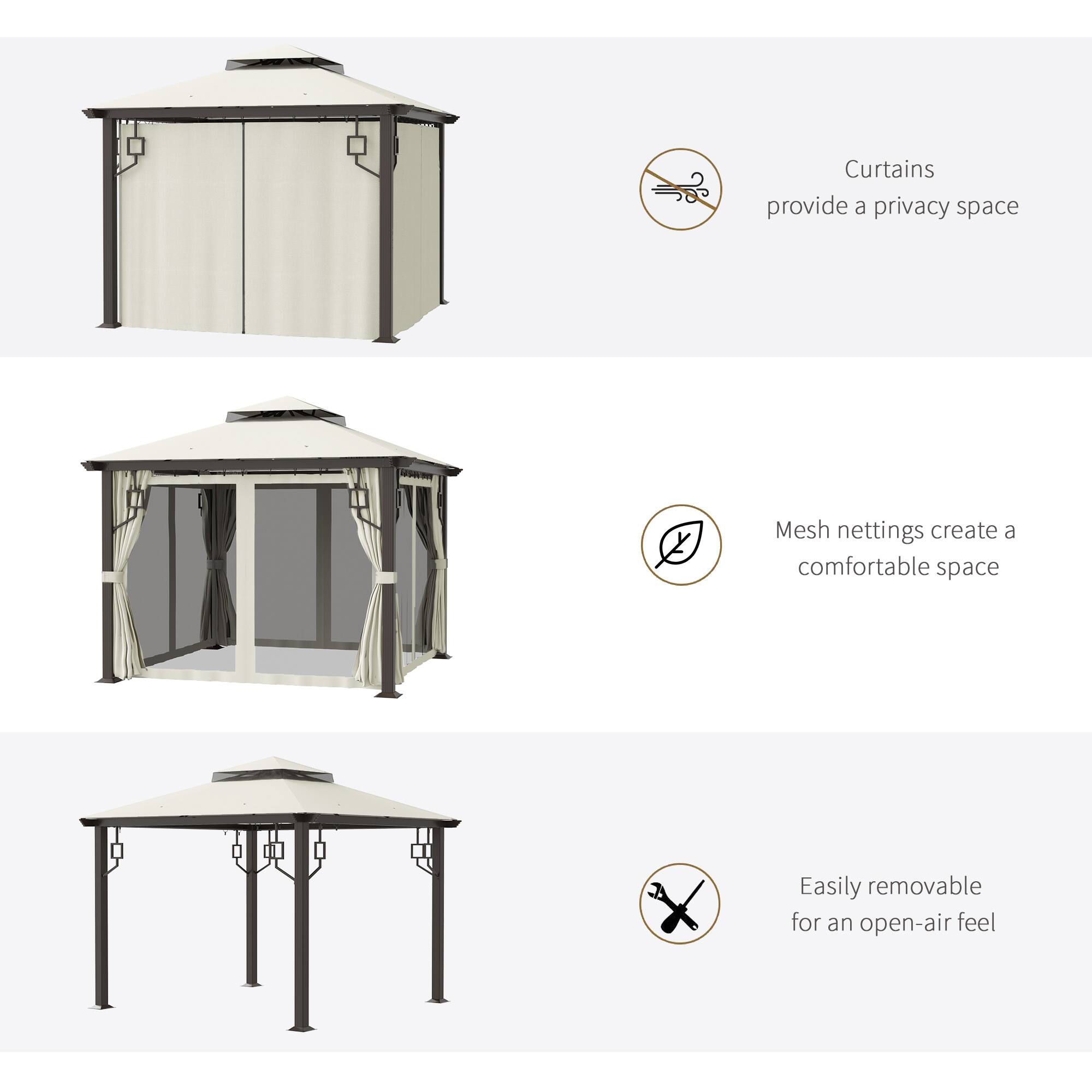 Curtains provide a privacy space. Mesh nettings create a comfortable space. Easily removable for an open-air feel.