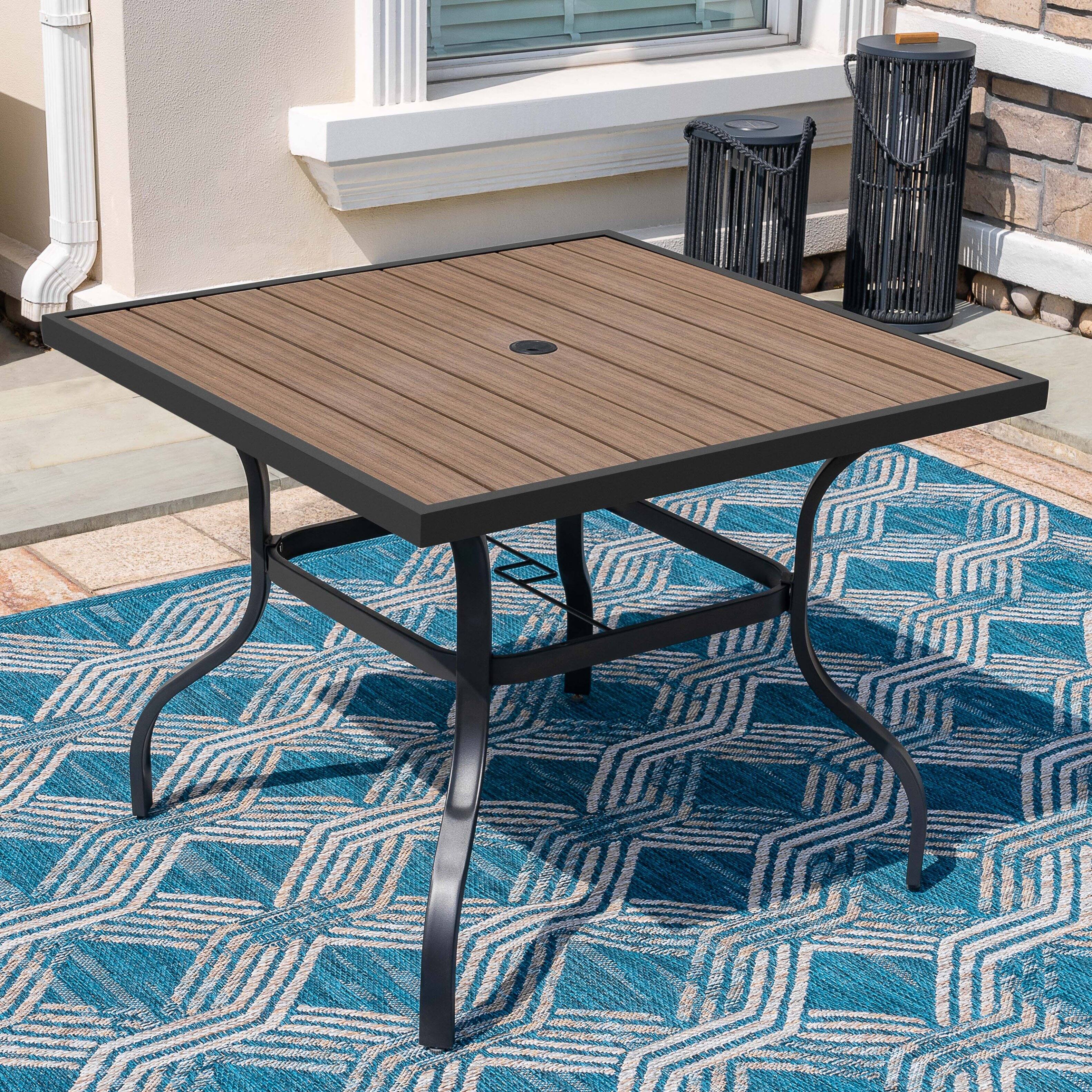 Left. Nuu Garden - Outdoor 37" Square Metal Dining Table with 1.6'' Umbrella Hole, Powder-Coated Frame, Faux Wood Tabletop - Black and wood-grain finish.