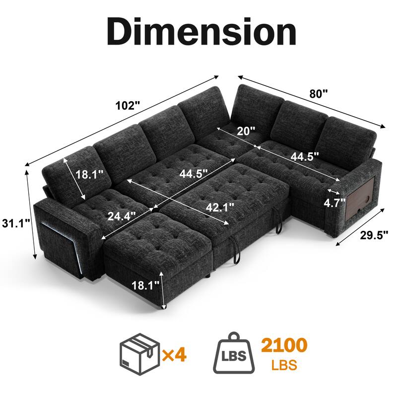 Dimension  
102" x 80" x 20"  
18.1" x 44.5" x 44.5"  
31.1" x 24.4" x 42.1"  
4.7" x 29.5" x 18.1"  
x4  
2100 LBS