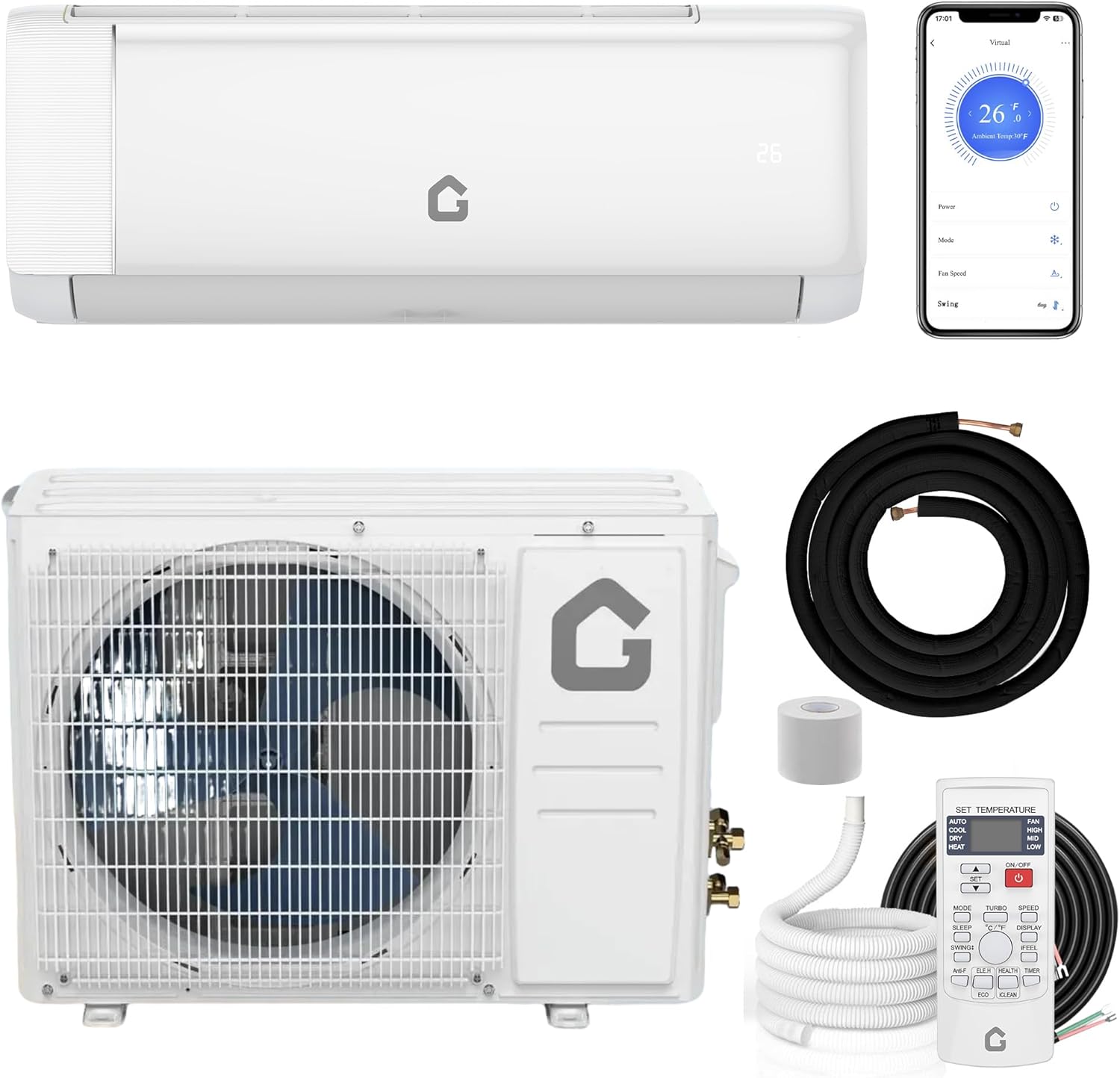 Qeetex - WIFI 12000 BTU Mini Split Air Conditioner Heat Pump System Heating and Cooling Up to 750 Sq. Ft 22 SEER2