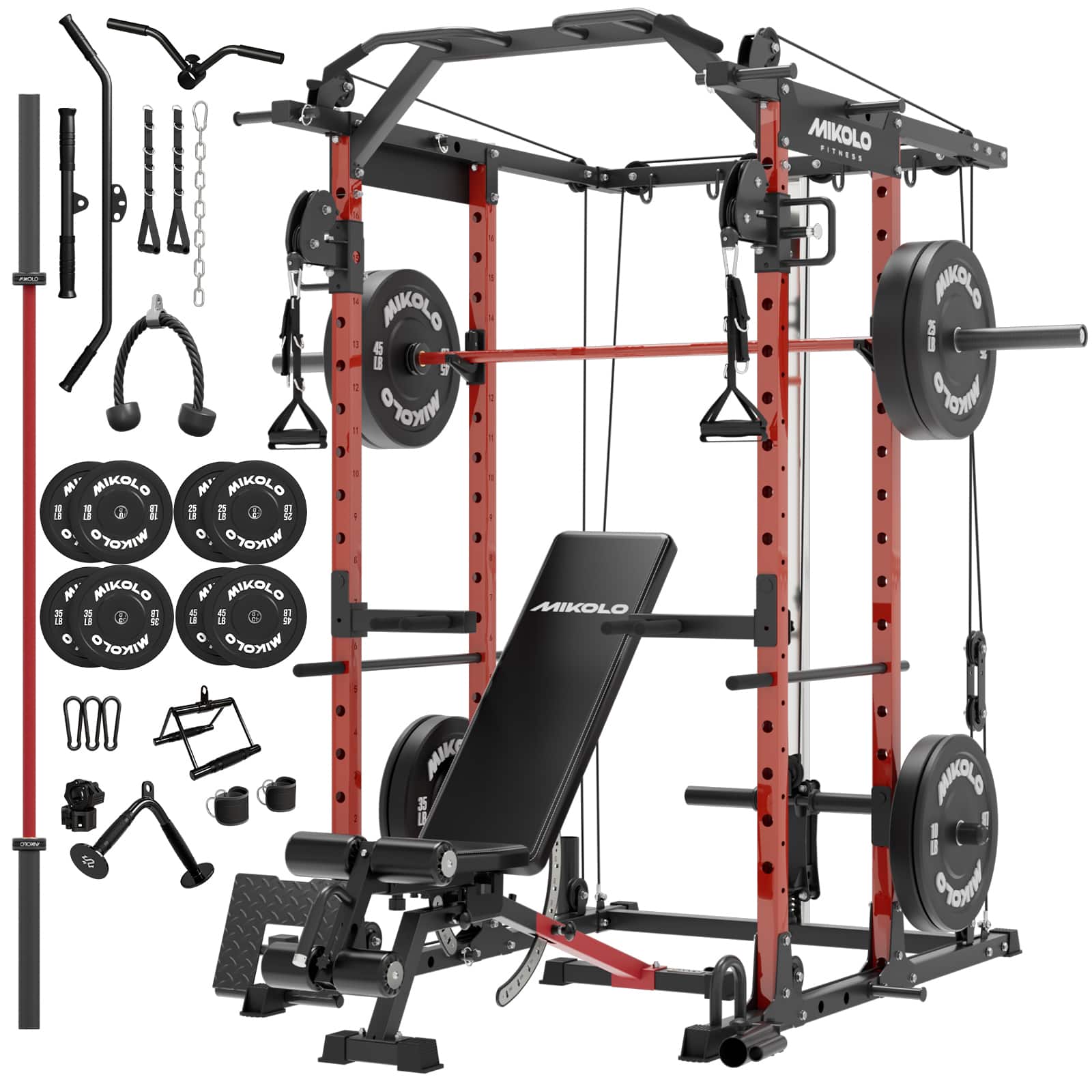 Mikolo - Power Rack Cage, 1500 lbs Weight Rack with Cable Crossover Machine, Multi-Function Squat Rack - Red