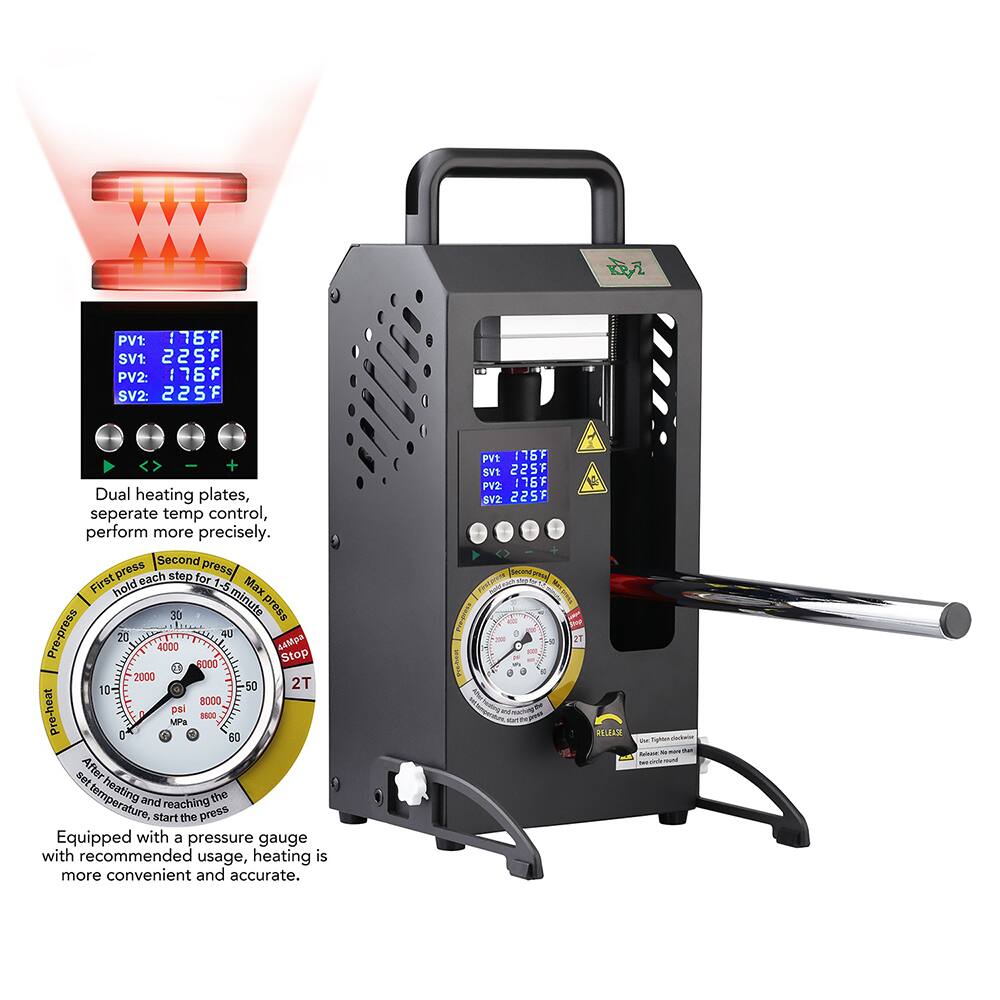 PV1: 176F  
SV1: 225F  
PV2: 176F  
SV2: 225F  

Dual heating plates, separate temp control, perform more precisely.  

First hold each step for press  
Second press each step for press  
Pre-press 20  
Max press 4000  
Allpa Stop 5000  
2000  
10  
50  
2T  
8000  
Pre-heat  

After temperature, heating and reaching the start the press  

Equipped with a pressure gauge with recommended usage, heating is more convenient and accurate.  

PV1: 176F  
SV1: 225F  
PV2: 176F  
SV2: 225F  

Dual heating plates, separate temp control, perform more precisely.  

First hold each step for press  
Second press each step for press  
Pre-press 20  
Max press 4000  
Allpa Stop 5000  
2000  
10  
50  
2T  
8000  
Pre-heat  

After temperature, heating and reaching the