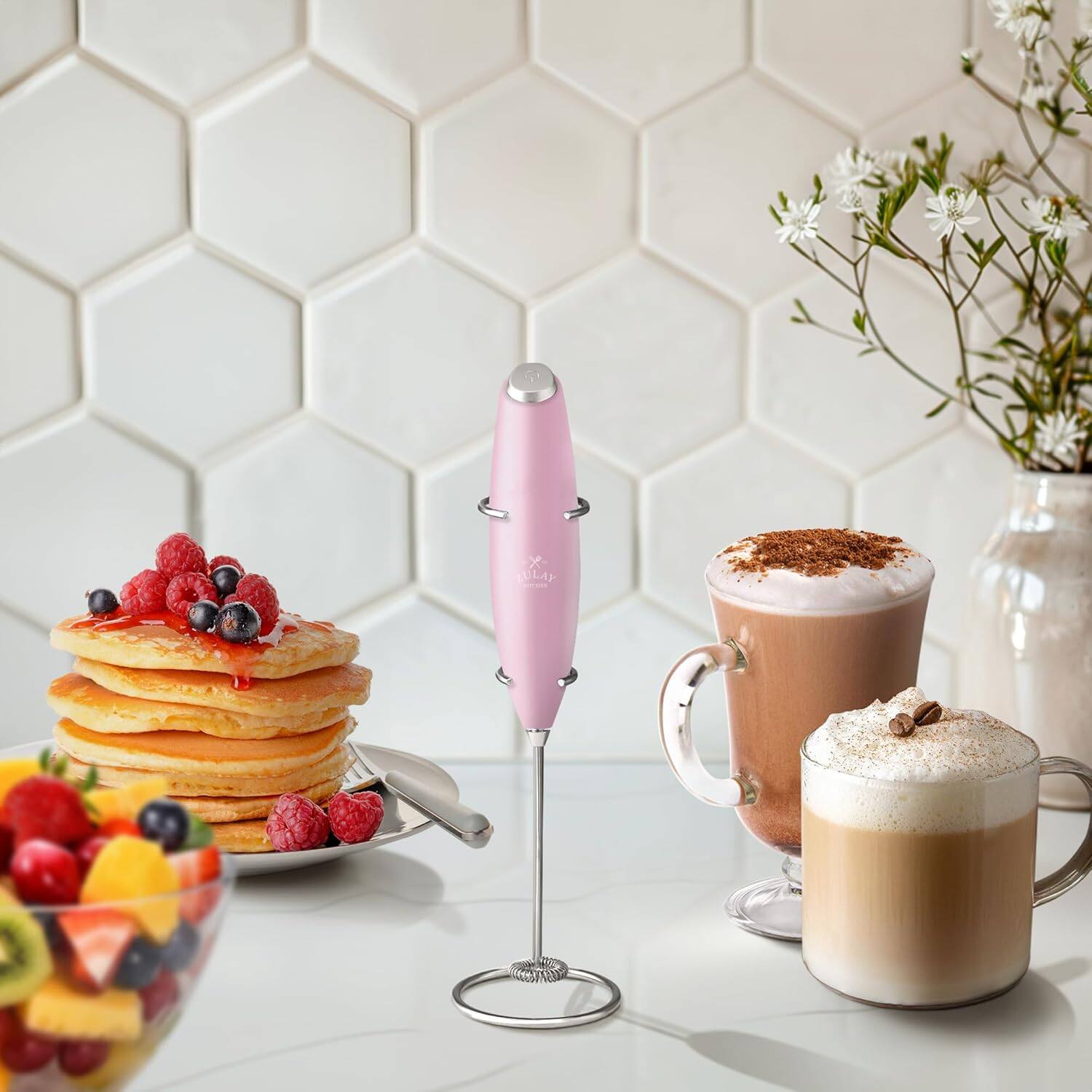 Angle. Zulay Kitchen - Zulay Kitchen Powerful Milk Frother Wand - Ultra Fast Handheld Drink Mixer - Pink.