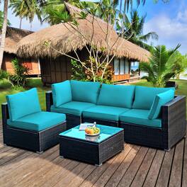 Gymax - 5PCS Rattan Patio Conversation Set Sofa Furniture Set w/ Turquoise Cushions - Mix brown