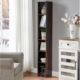 Kings Brand Furniture - Mora 6-Tier Tall Narrow Slim Bookcase, Antique White - Black
