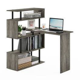 Furinno - MOORE L Shape Computer Desk, Gaming Desk with 5-Tier S-Shaped Side Shelves, Office Desk, for Home Office, Study, Gaming - Grey Oak/Black