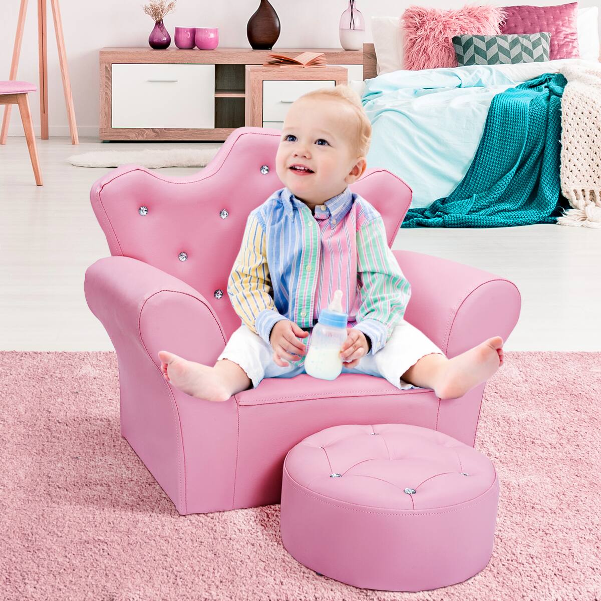 Alt View 4. Costway - Costway Pink Kids Sofa Armrest Chair Couch Children Toddler Birthday Gift with Ottoman Pink - Pink.
