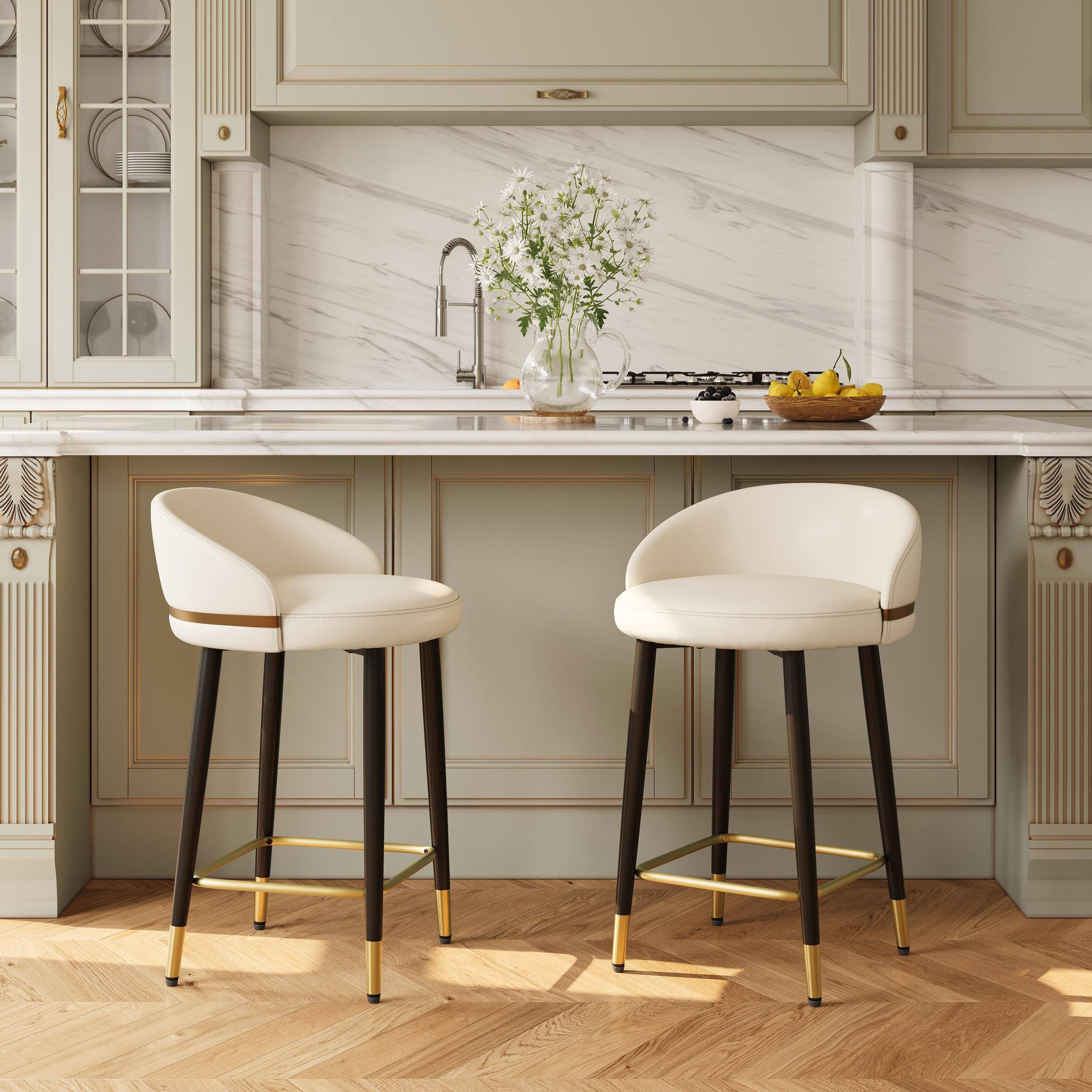 Back. POVISON - 26" Modern Low Back Counter Height Bar Stools Set of 2, Leather Upholstered Counter Stools, Beige & Black - Beige & Black.