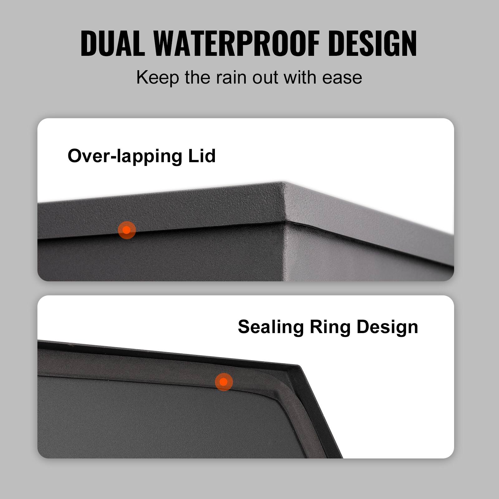 DUAL WATERPROOF DESIGN  
Keep the rain out with ease

Over-lapping Lid

Sealing Ring Design
