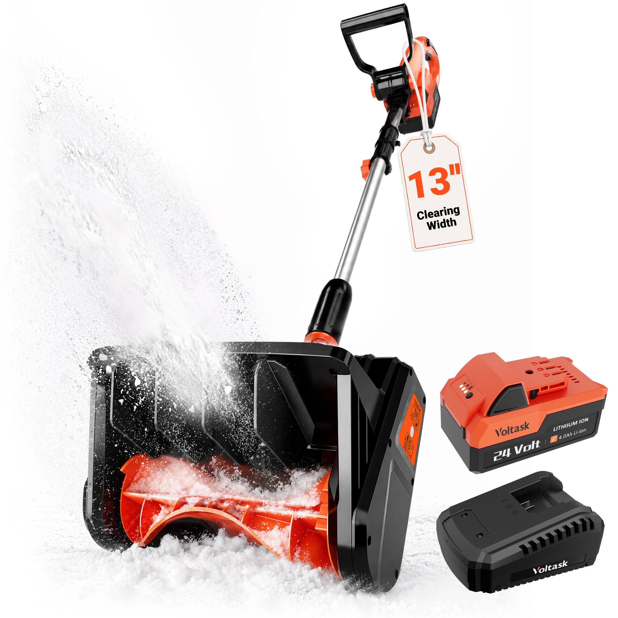 Voltask - 24V 13-Inch Brushless Cordless Electric Snow Shovel ,Battery & Quick Charger Included for Driveways & Sidewalks - Orange and Black