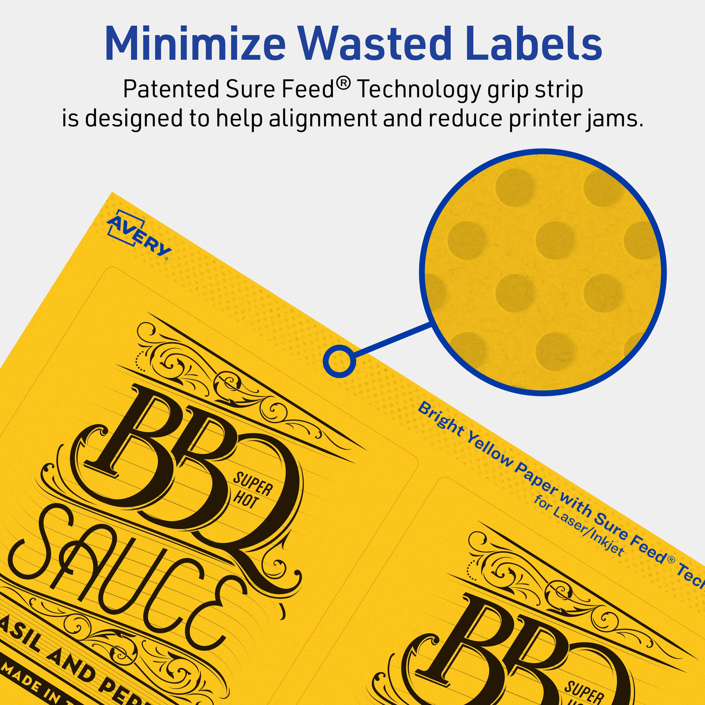 Minimize Wasted Labels

Patented Sure Feed® Technology grip strip is designed to help alignment and reduce printer jams.

Bright Yellow Paper with Sure Feed® Technology for Laser/Inkjet

BB SUPER HOT SAUCE

MADE IN PERU