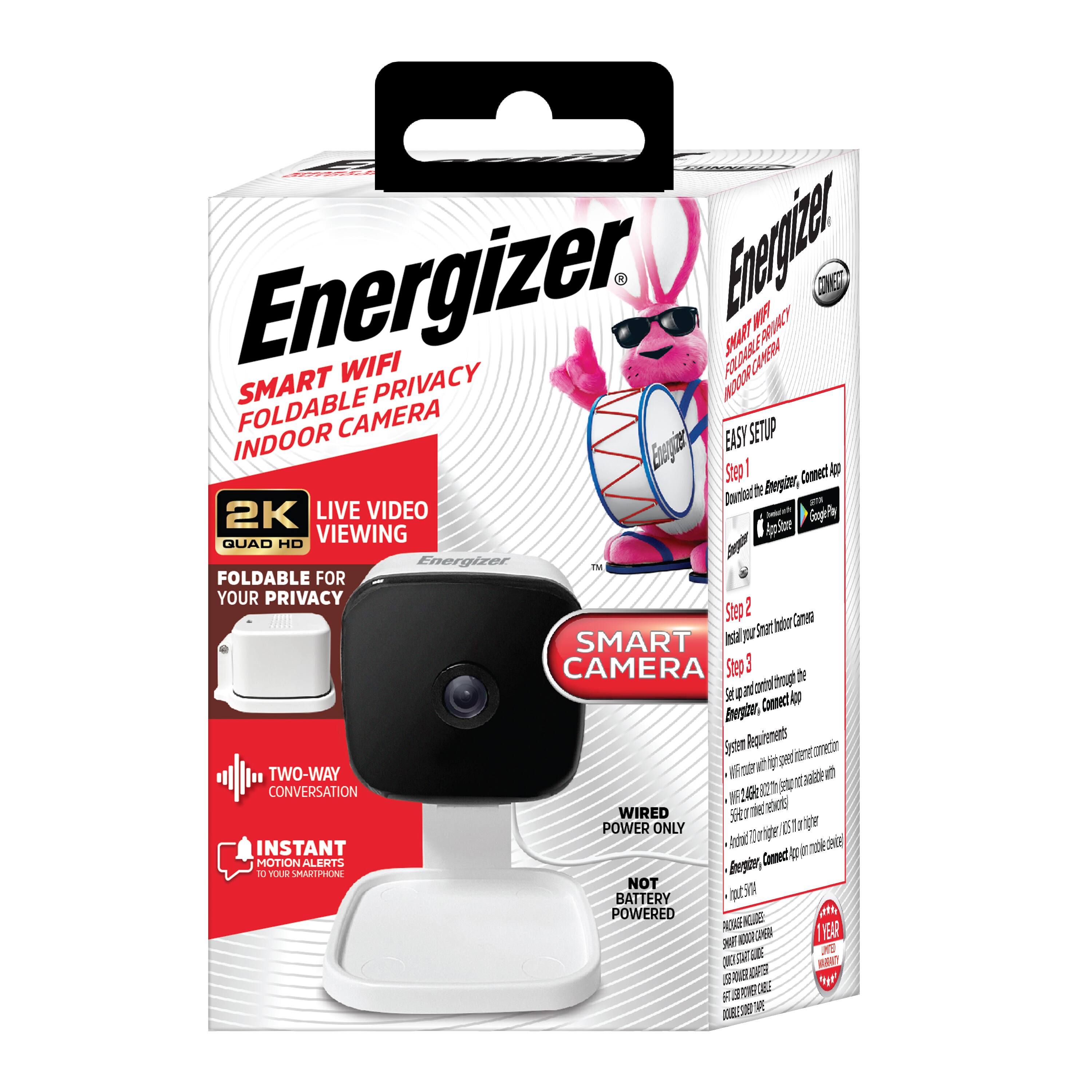 Energizer Smart WiFi Foldable Privacy Indoor Camera

- 2K Live Video Viewing
- Foldable for Your Privacy
- Two-Way Conversation
- Instant Motion Alerts to Your Smartphone
- Wired Power Only
- Not Battery Powered
- Easy Setup
  - Step 1: Download the Energizer Connect App (iOS/Android)
  - Step 2: Install Your Smart Home Camera
  - Step 3: Set Up and Control Through the Energizer Connect App
- System Requirements:
  - WiFi router with high-speed internet connection
  - 5GHz router network available
  - Smartphone 10.1" or higher
  - Internet connection
- 1 Year Warranty

Energizer Connect App Available on:
- App Store
- Google Play