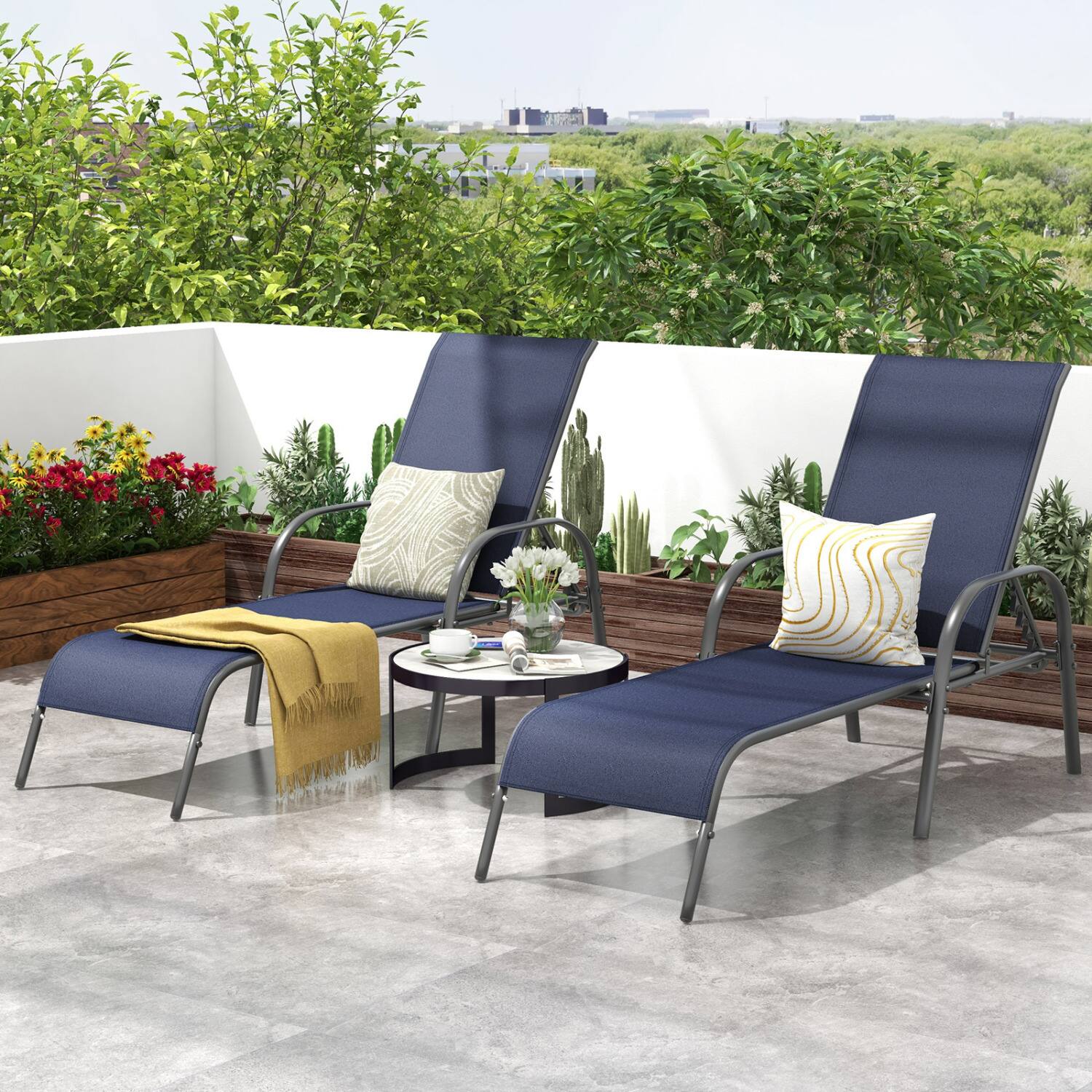 Alt View 3. Mondawe - 2-Piece Fabric Chaise Lounge w/ Adjustable Reclining Armrest, Outdoor Patio Recliner Set for Poolside - Navy.