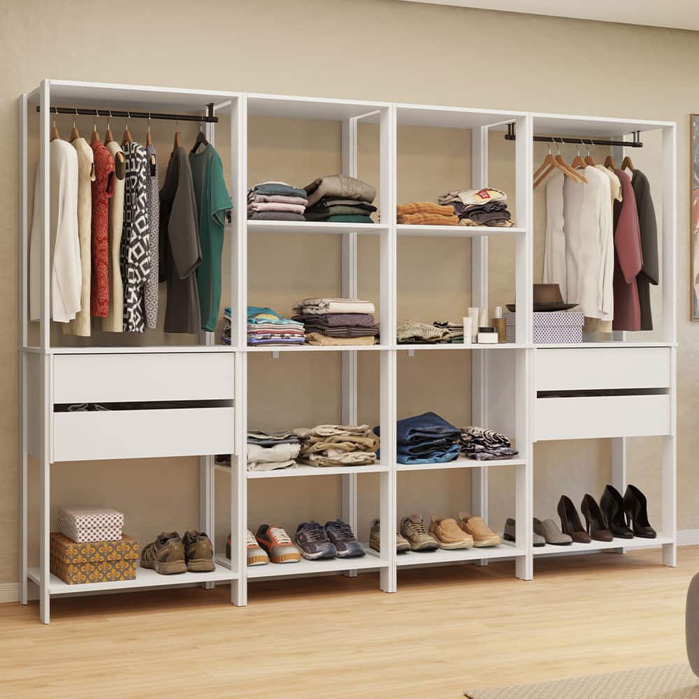 Madesa - Wardrobe Clothes Storage Rack with 4 Drawers, Open Shelves and Hanging Spaces 102"L - White - White