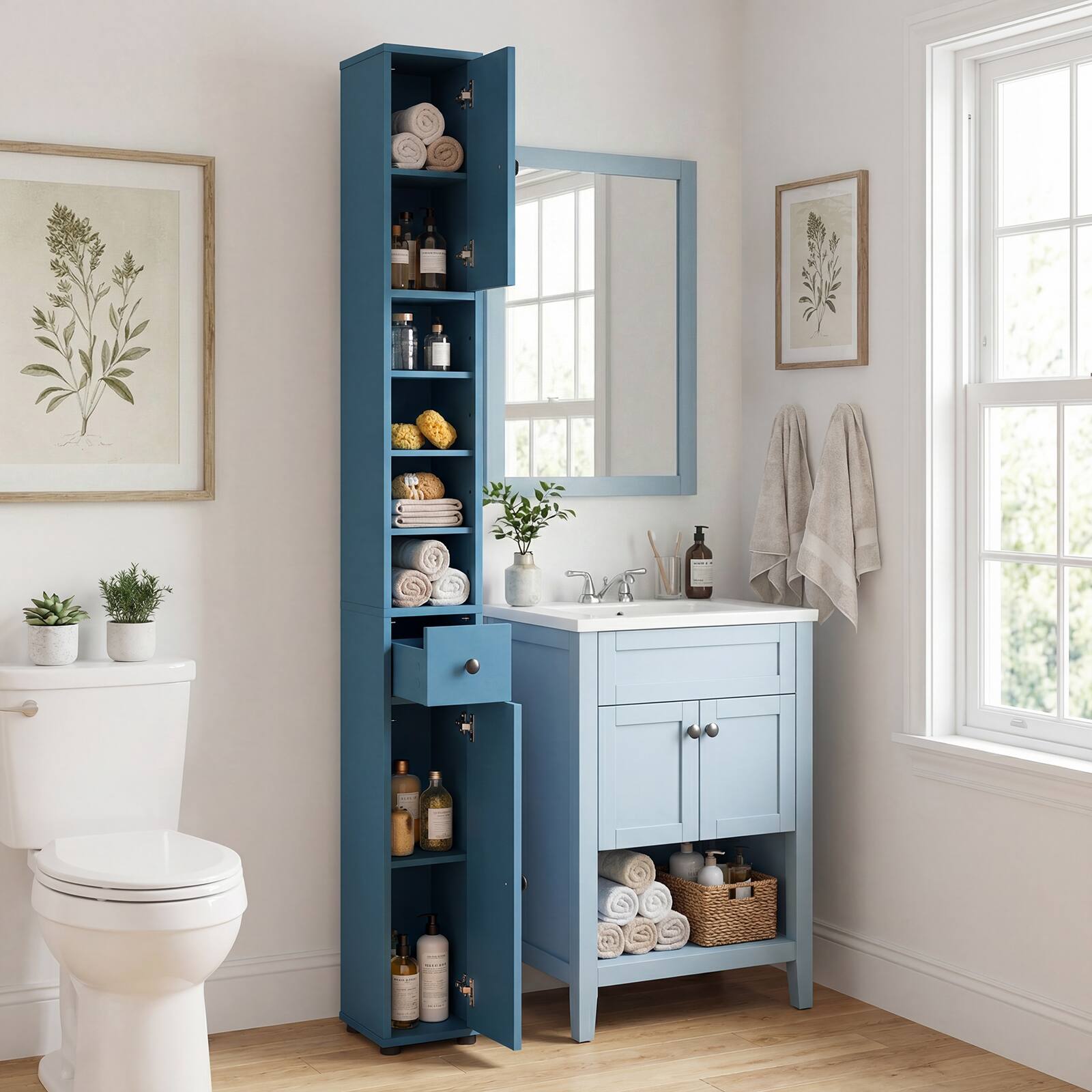 Alt View 3. Gymax - Gymax Set of 2 Slim Bathroom Tall Cabinet w/2 Doors 1 Drawer & 5 Adjustable Shelves Blue - Blue.