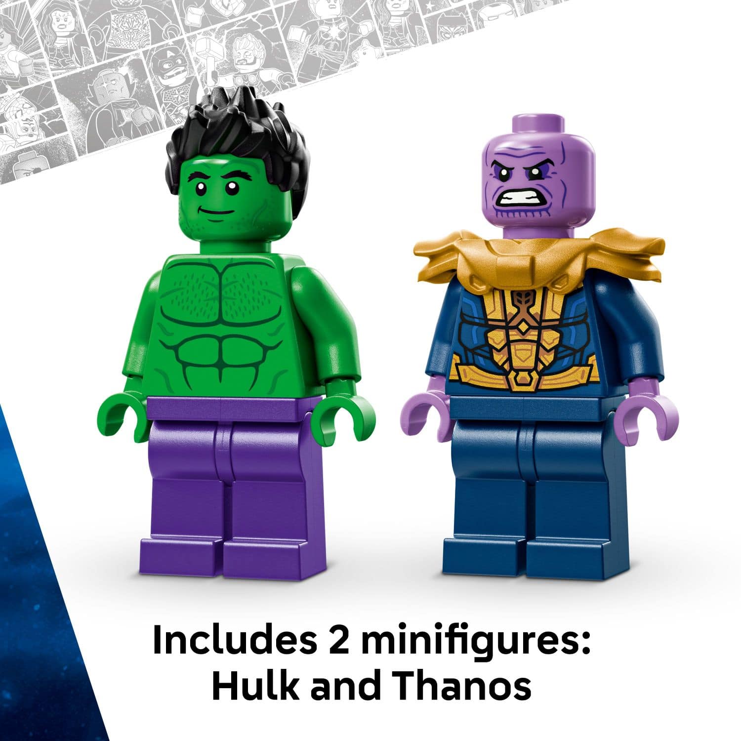 Includes 2 minifigures: Hulk and Thanos.