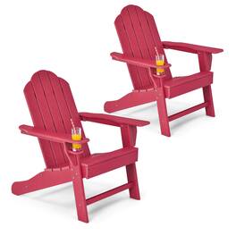 Costway - 2 PCS Patio Adirondack Chair Weather Resistant Garden Deck with Cup Holder - Red