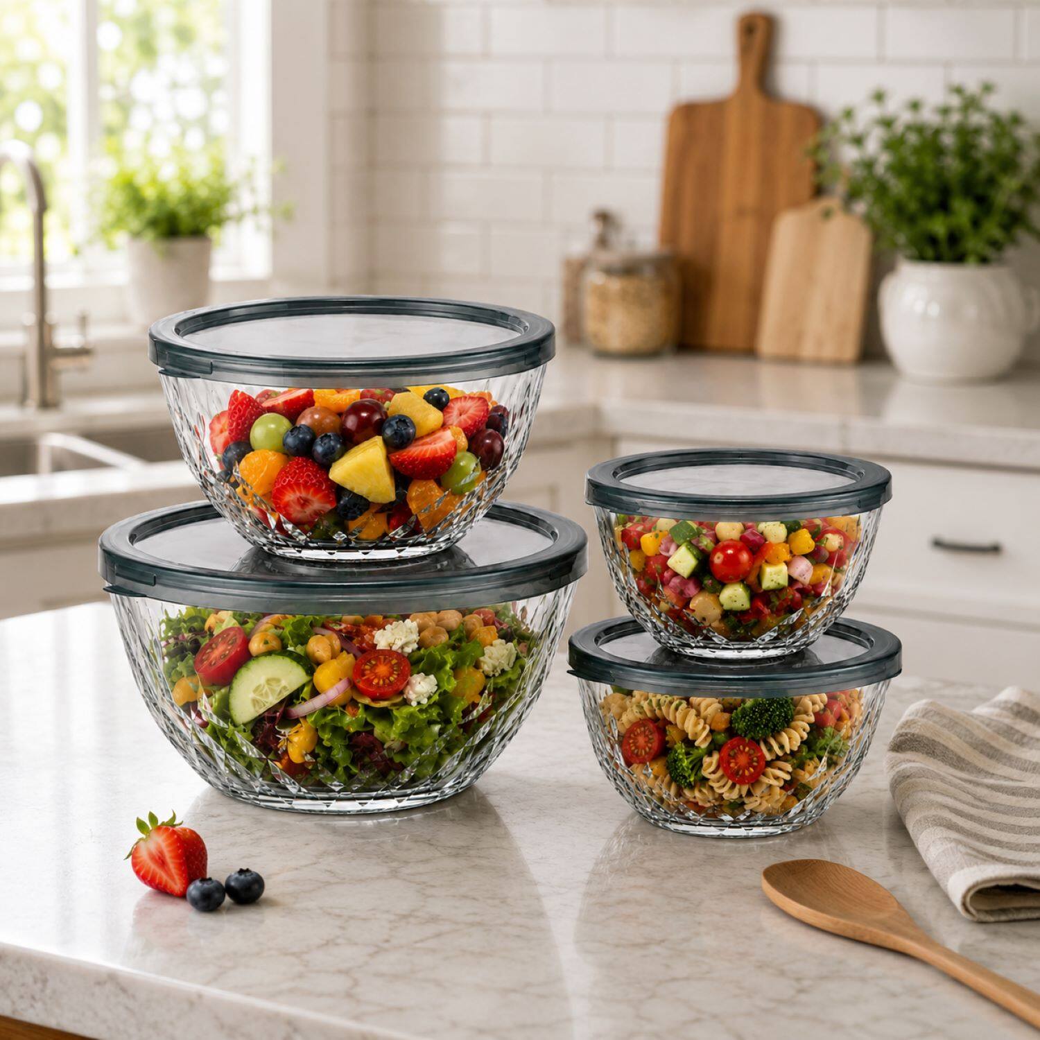 Alt View 6. Sorbus - Sorbus 4-Piece Glass Diamond Textured Bowl Set – Nesting Mixing & Storage Bowls, Microwave, Dishwasher & Freezer Safe - Clear.