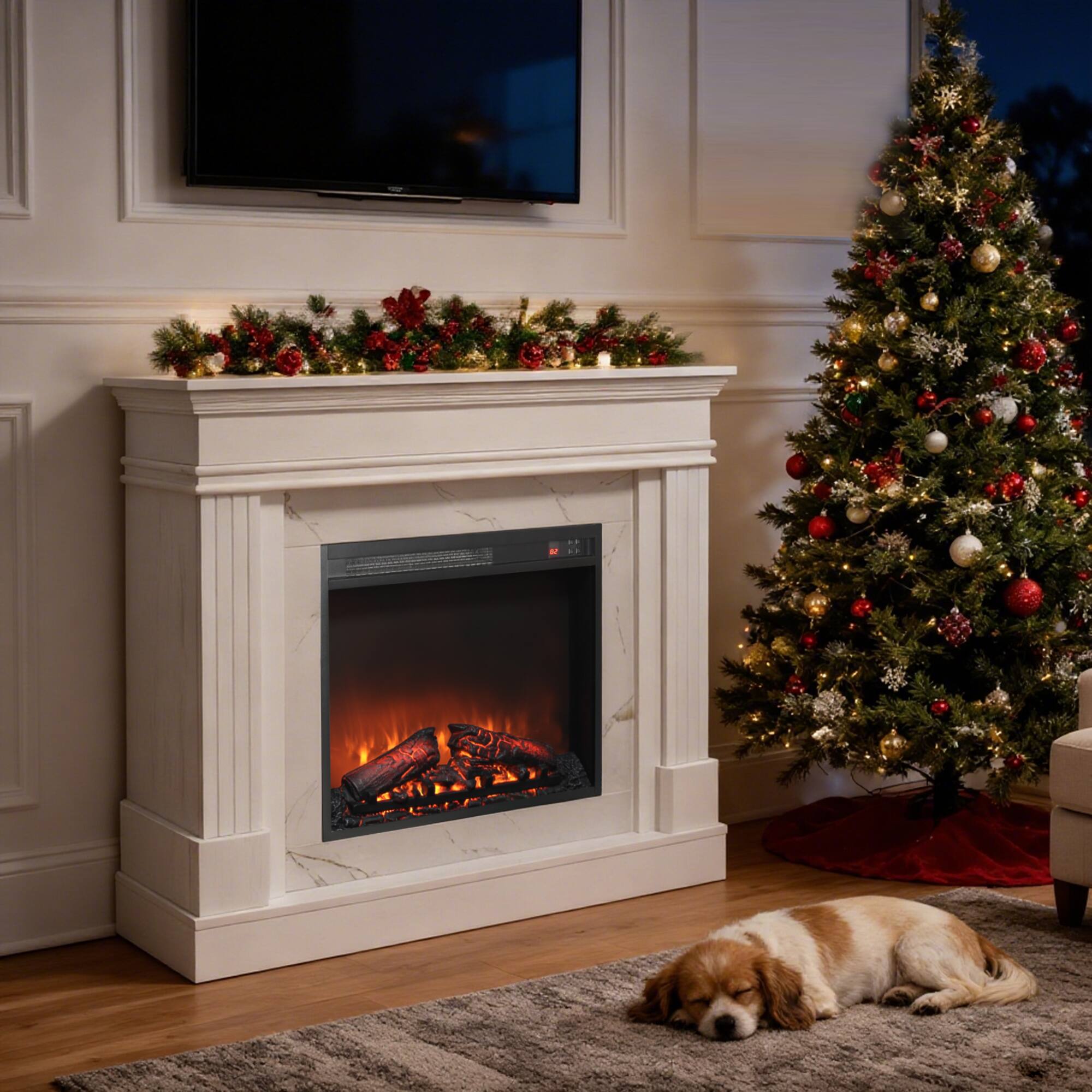 Left. Tiramisubest - 44" Electric Fireplace with Mantel,23" Fireplace Insert Heater,Realistic Log and Flame Effect,Remote Control,Timer - Jasmine White.