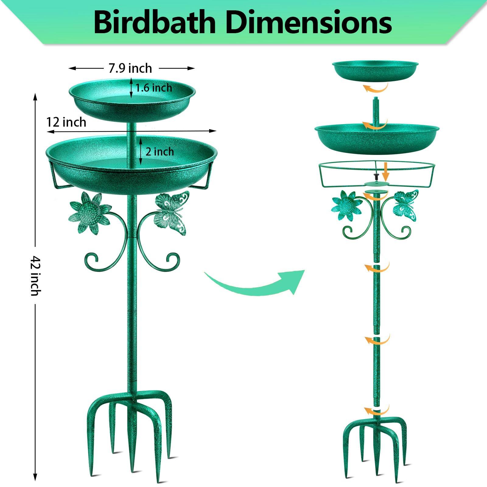 Birdbath Dimensions

- Top basin diameter: 7.9 inch
- Top basin depth: 1.6 inch
- Middle basin diameter: 12 inch
- Middle basin depth: 2 inch
- Total height: 42 inch