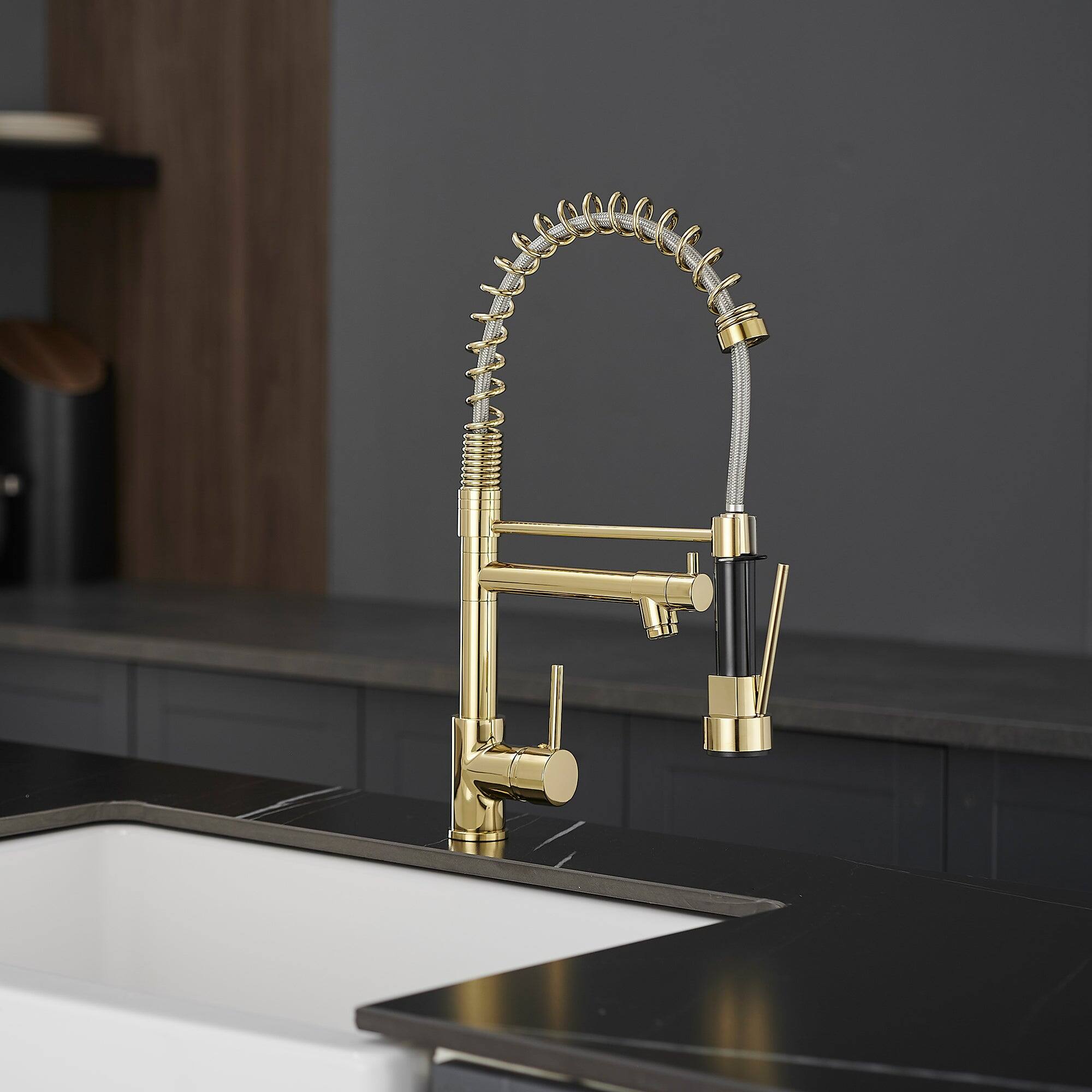 Alt View 3. Boyel Living - Contemporary Single Handle Gooseneck Pull Down Sprayer Kitchen Faucet Brushed Gold - Brushed Gold.