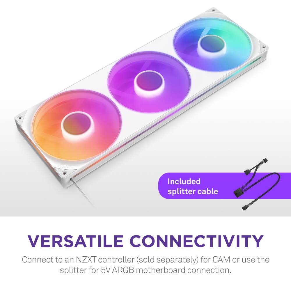 Versatile Connectivity: Connect to an NZXT controller (sold separately) for CA or use the splitter for 5V ARGB motherboard connection. Included splitter cable.